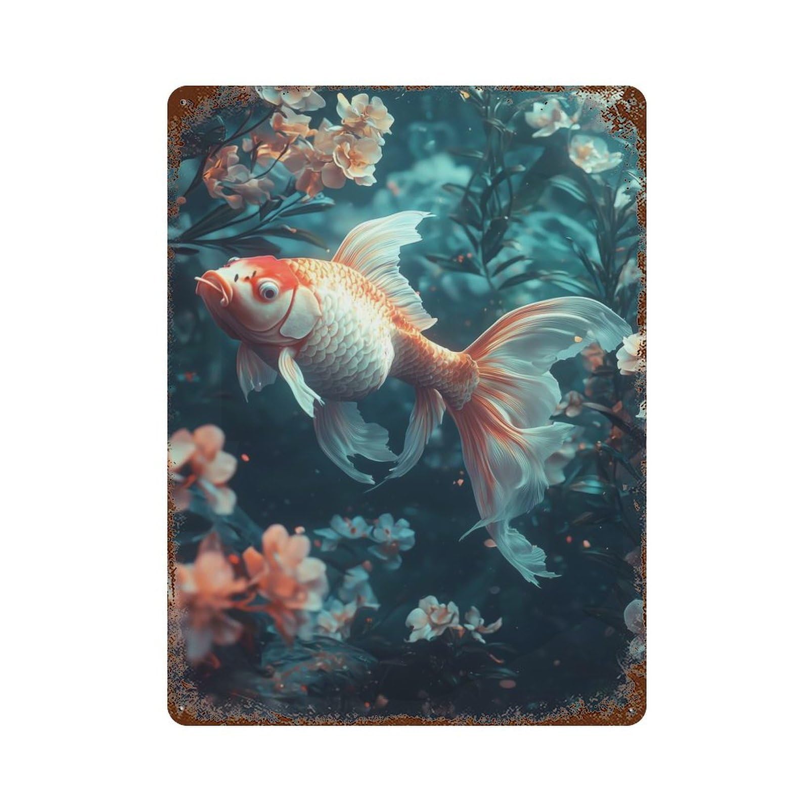 Garage Style Goldfish in Bloom Rusty Metal Tin Sign 15.7"x11.8", Farmhouse Wall Decor for Bar And Workshop