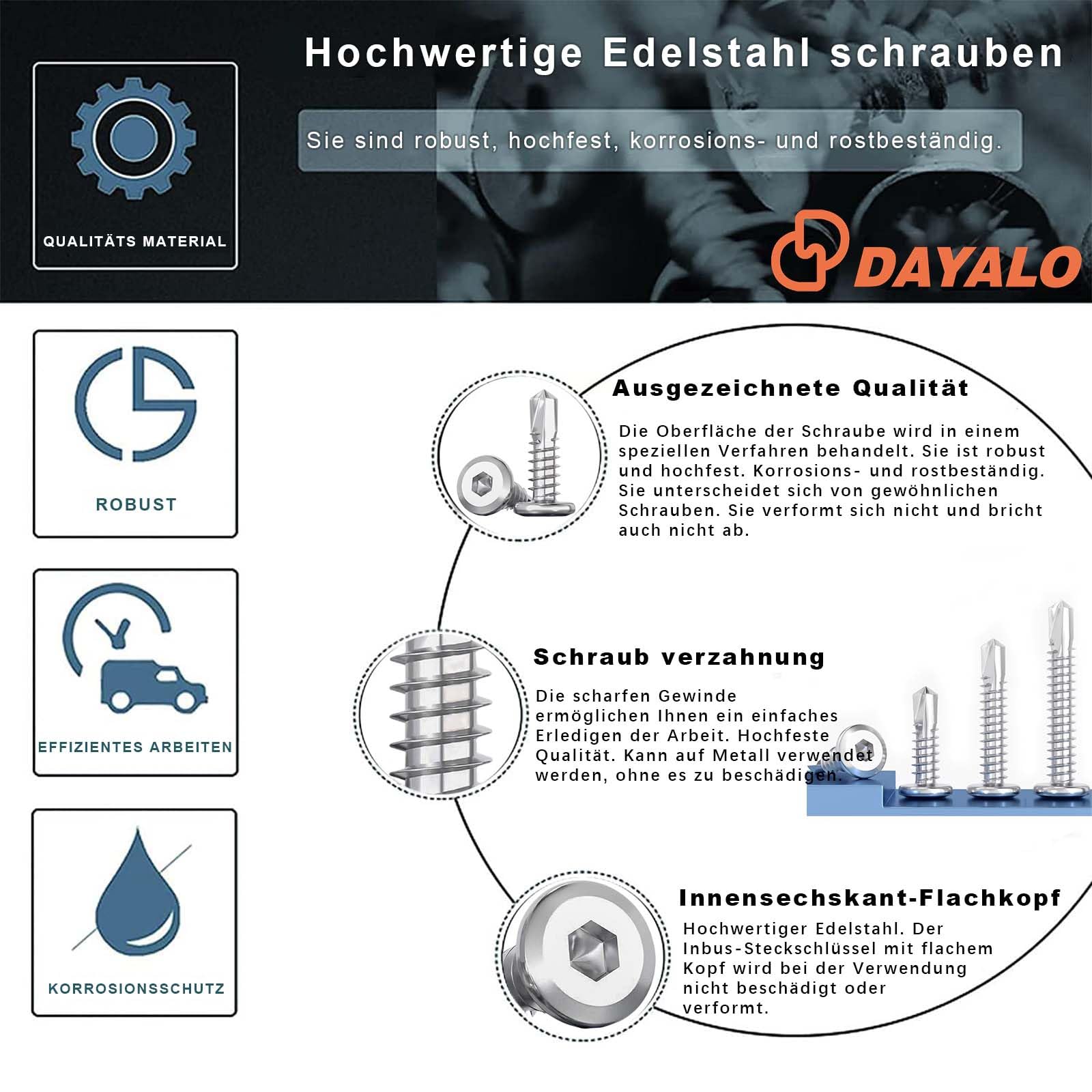 Dayalo 40 sztuk wkrętów do blachy, M5,5 x 45 mm, wkręty samogwintujące ze stali nierdzewnej, śruby z łbem płaskim, wkręty z łbem sześciokątnym, z wiertłem sześciokątnym