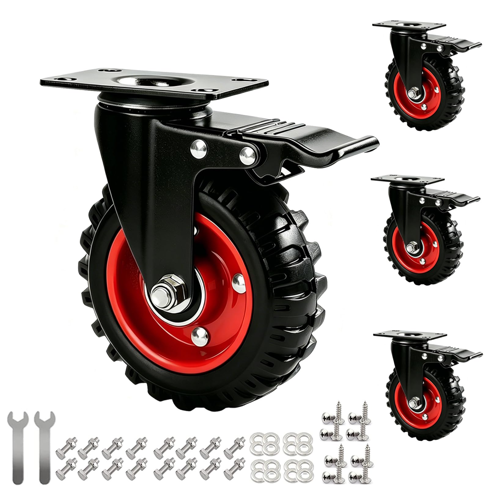 Ruote per carichi pesanti da 125 mm con freno, 4 ruote girevoli con profilo antiscivolo, portata 600 kg, ruote per mobili, ruote industriali in gomma piena, rotazione a 360°, per medicina e