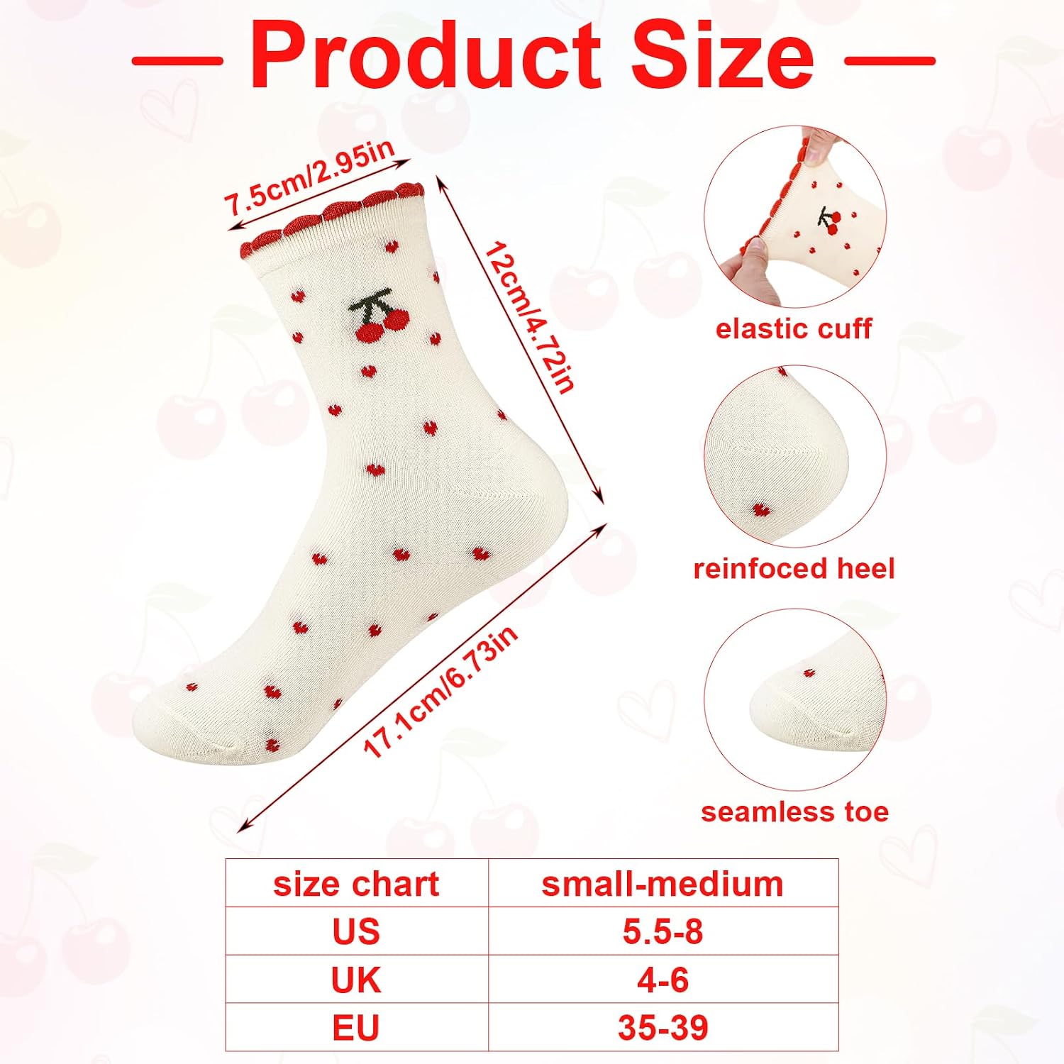Ruffle Cute Socks for Women 6 Pairs, Frilly Crew Socks with Polka Dot Striped Solid Cherry Pattern Sock for Women