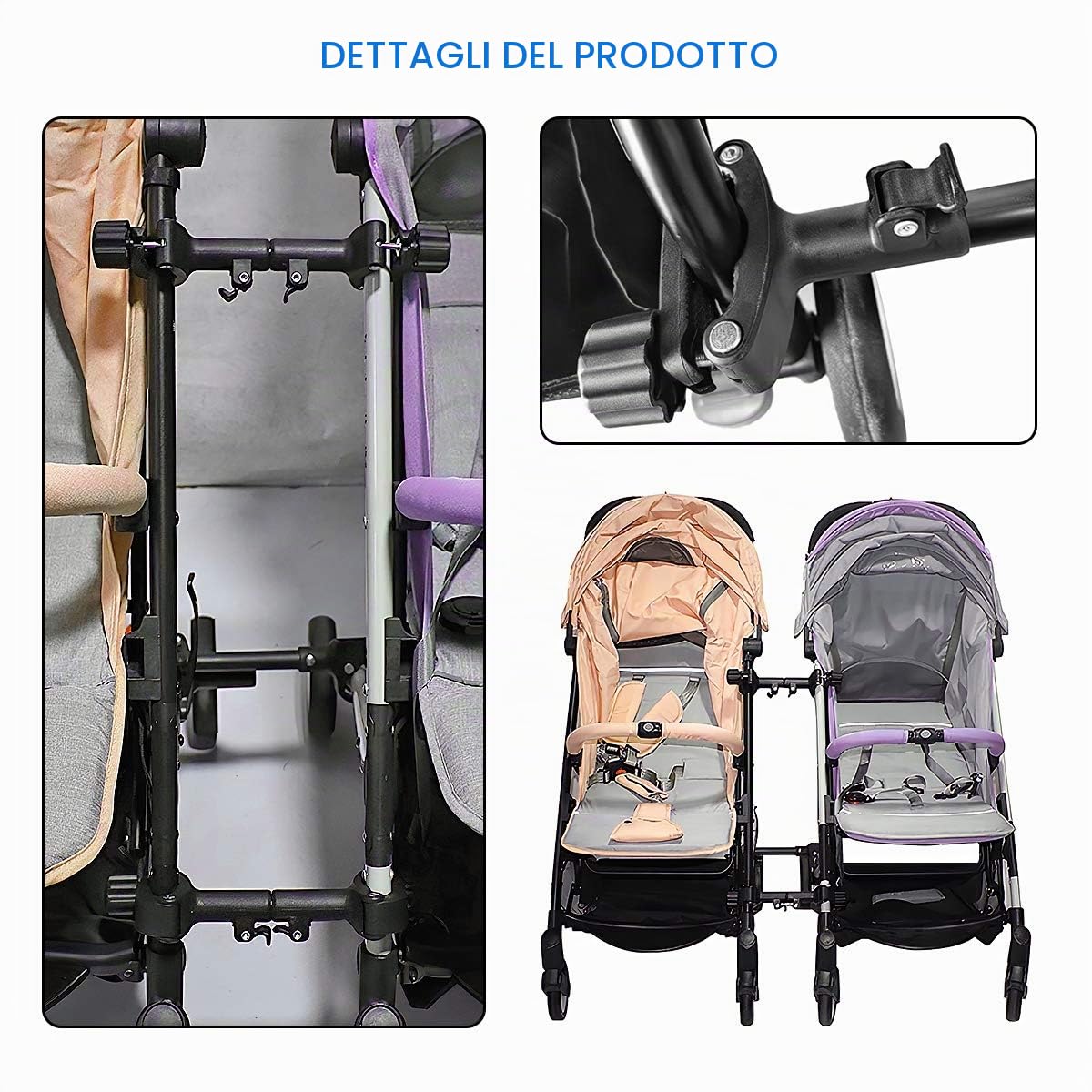 3 Connettori per Passeggino, Doppio Connettore per Passeggino Gemelli, Connettori Universali per Carrello, Trasforma due Passeggini Singoli in un Passeggino Doppio