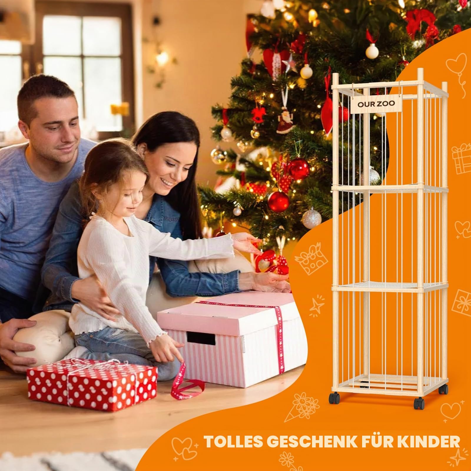 Uvellgift Holz Kuscheltier Aufbewahrung mit Netz, Stofftier Aufbewahrung Organizer 360° Drehrollen mit Bremse, Plüschtier Aufbewahrungsturm für Kinderzimmer Spielzimmer, 136x40x40cm
