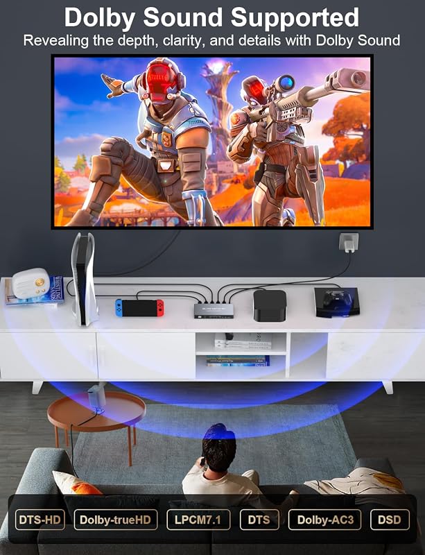 Comutator HDMI 4 în 1 Rytaki din aluminiu, 8K 60 Hz, 4K 240 Hz, HDMI 2.1, HDR, HDCP 2.3, CEC, telecomandă, pentru TV, PS5, PS4, Xbox, Nintendo Switch, PC
