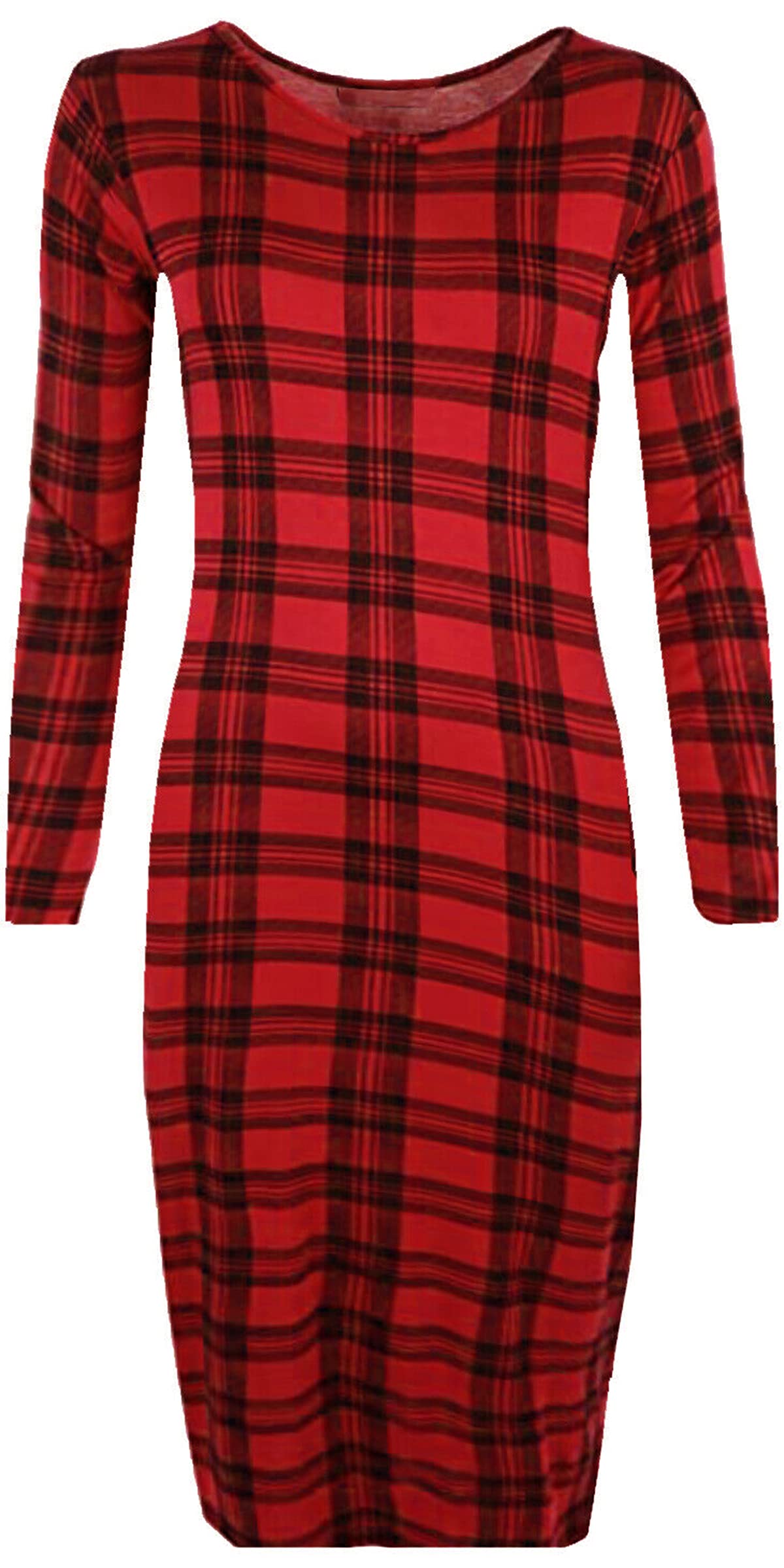 Gostyles Women's Red Tartan Gostyles® Long Sleeve Midi Dress, Scoop Neck Stretch Bodycon Pencil Dresses (, 20-22)