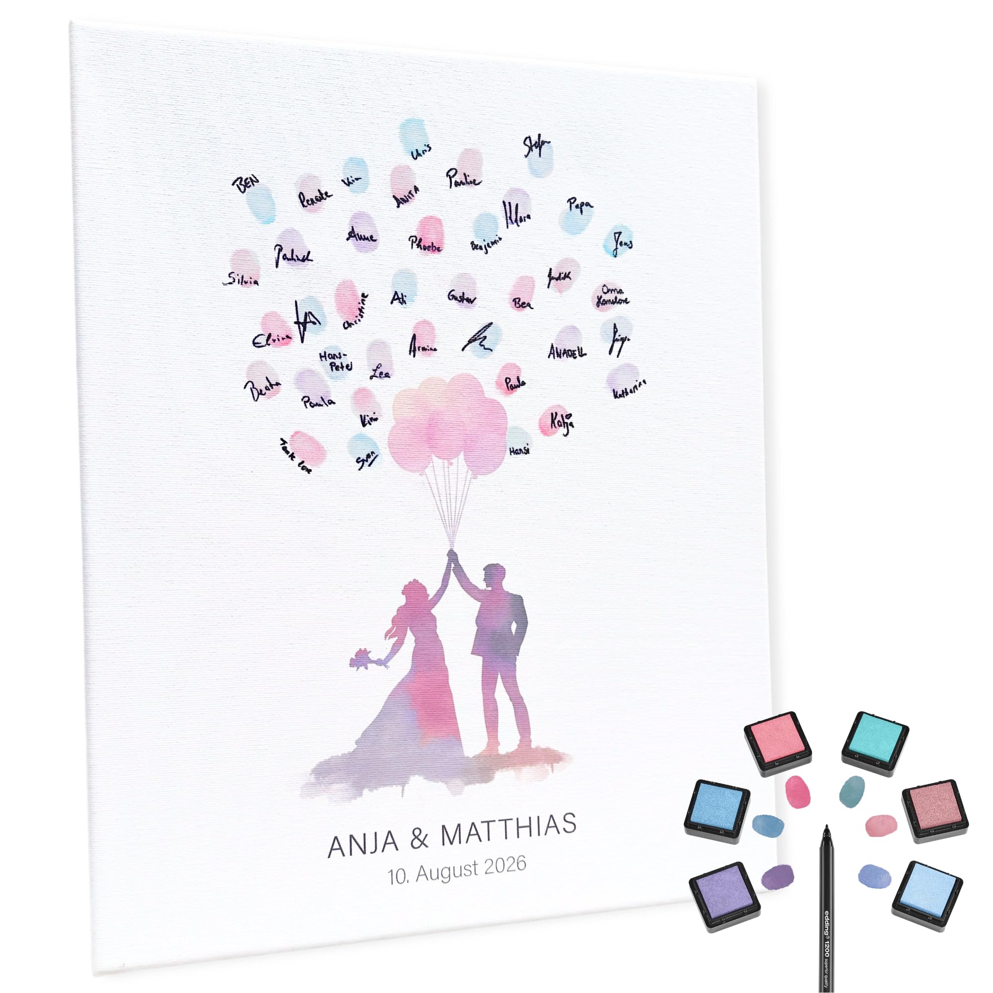 KATINGA Personalisierte Leinwand zur Hochzeit - Bild für Fingerabdrücke mit Brautpaar in Aquarell - Gästebuch als Geschenkidee (40x50cm personalisierbar)