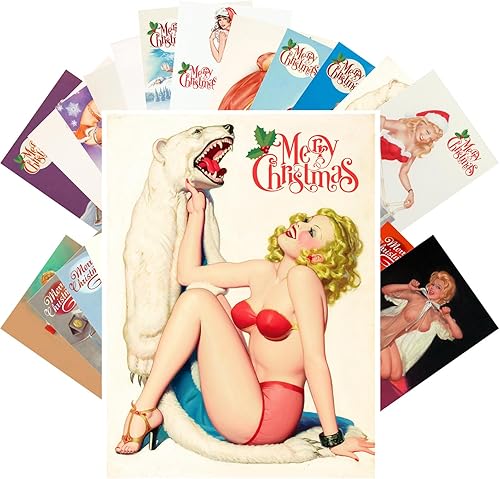 PIXILUV Postales vintage (24 piezas de 4 x 6 pulgadas cada una) Atractivas damas Pinup vestidas para Navidad, postales de Navidad, postales de
