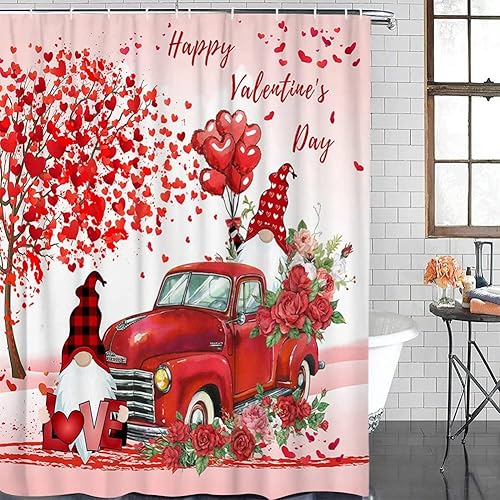 Miniatura 10 de Ochine Cortina de ducha rosa para el día de San Valentín cortina de ducha rústica para el día de San Valentín romántica pareja de gnomos rojos