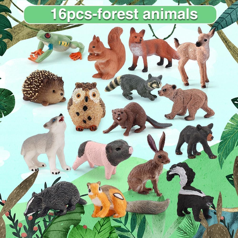 Gohytal 16 pezzi personaggi di animali della foresta, giocattoli in miniatura, gufo, riccio, volpe, scoiattolo, orsi, scimmie, per torte a tema forestale, topper cupcake toppers