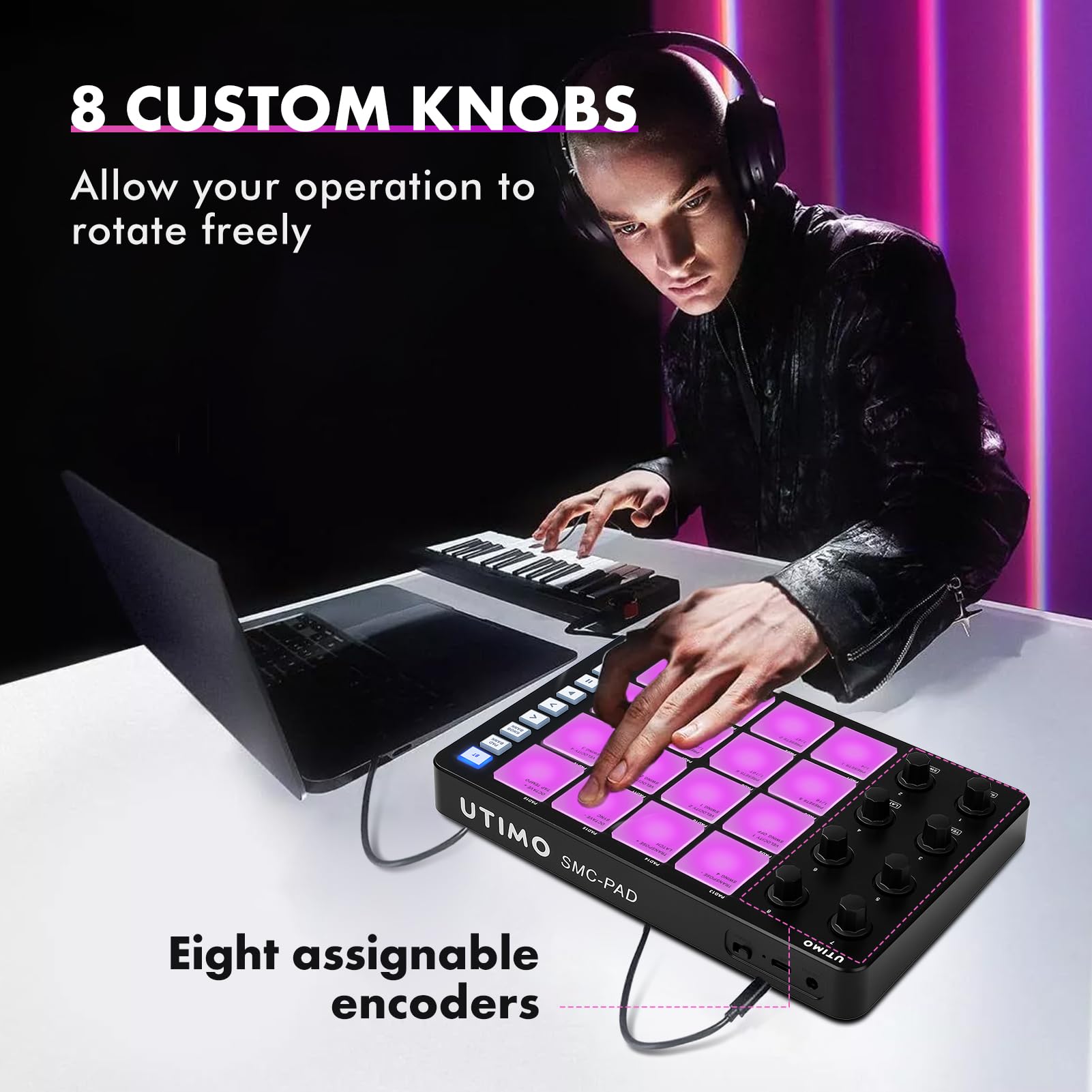Nikou 16-Tasten MIDI-Controller Percussion Pad, RGB Hintergrundbeleuchtung MIDI-Tastatur BT-Anschluss, 3,5mm Ausgang mit Geringer Latenz, Eingebaute Batterie (Schwarz)
