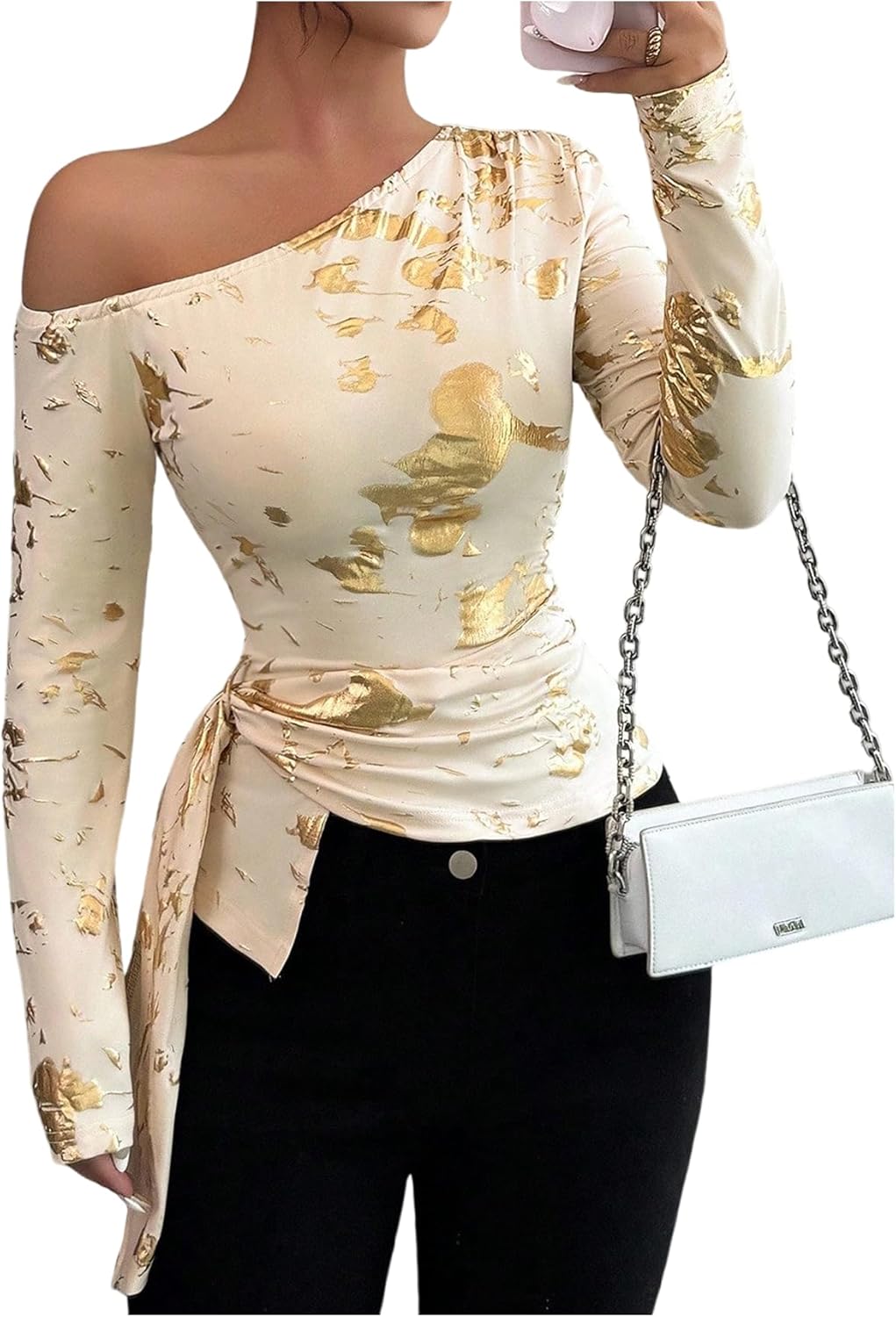 Floerns Women's Elegant Off The Shoulder T Shirts Long Sleeve Wrap Front Fall Outfit Tee Tops