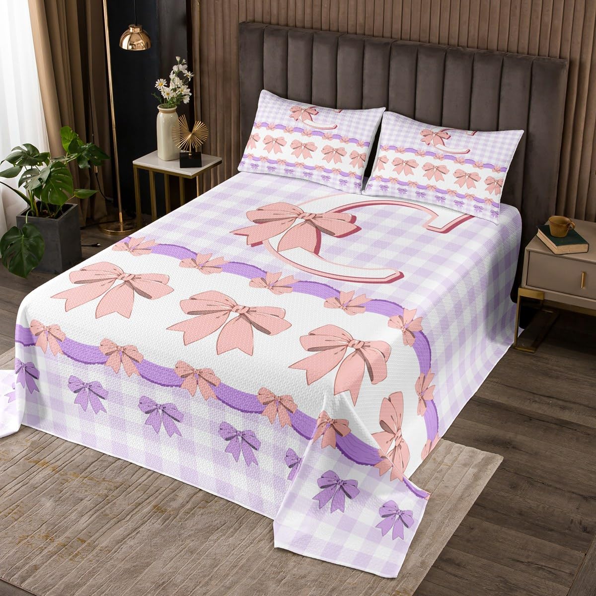 Castle Fairy 3D Bowknot Letter Coverlet Set Queen Size,Personalized Purple White Grid Durable Bedspread for Girls Teens,Pink Bow Tie Initial C Print Soft Polyester Quilt Set, with 2 Pillowcases