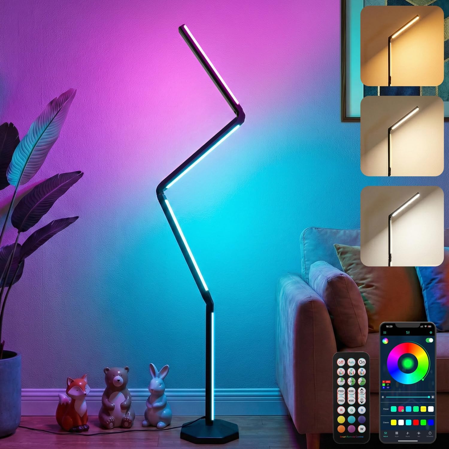 LED RGB Corner Floor Lamp Foldable Floor Light 2200K-6500K Tunable White with 16 Million Custom Colors Remote/App,Timer Setting (RGB Foldable Floor Lamp)