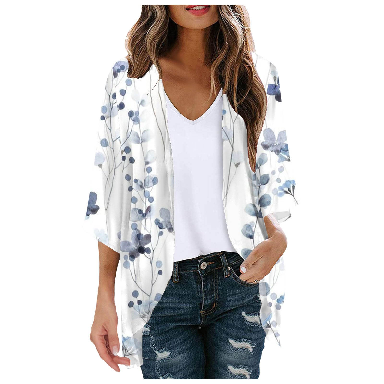 PAIDAXING Cárdigan de gasa para mujer, manga 3/4, para verano, playa, frente abierto, cárdigan tipo kimono ligero y transparente, blusa casual de playa