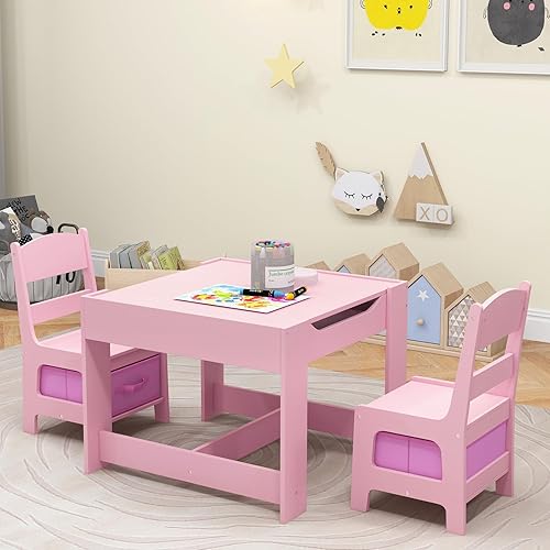Miniatura 2 de Olakids Juego de mesa y silla para niños, juego de escritorio de madera 3 en 1 con pizarra extraíble, cajón de almacenamiento, mesa de actividades