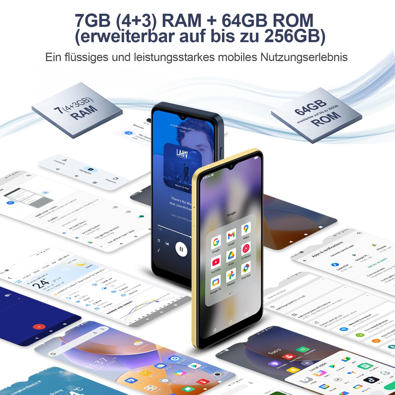 invens Halo 5 Smartphone Ohne Vertrag - 7GB(4+3)+64GB /256GB Android 14 Handys, 6,52 Zoll Bildschirm 5000mAh Handy Günstig, 16MP+8MP Kamera, 4G Dual SIM/Face ID/GPS/3.5mm Jack, Dunkelblau