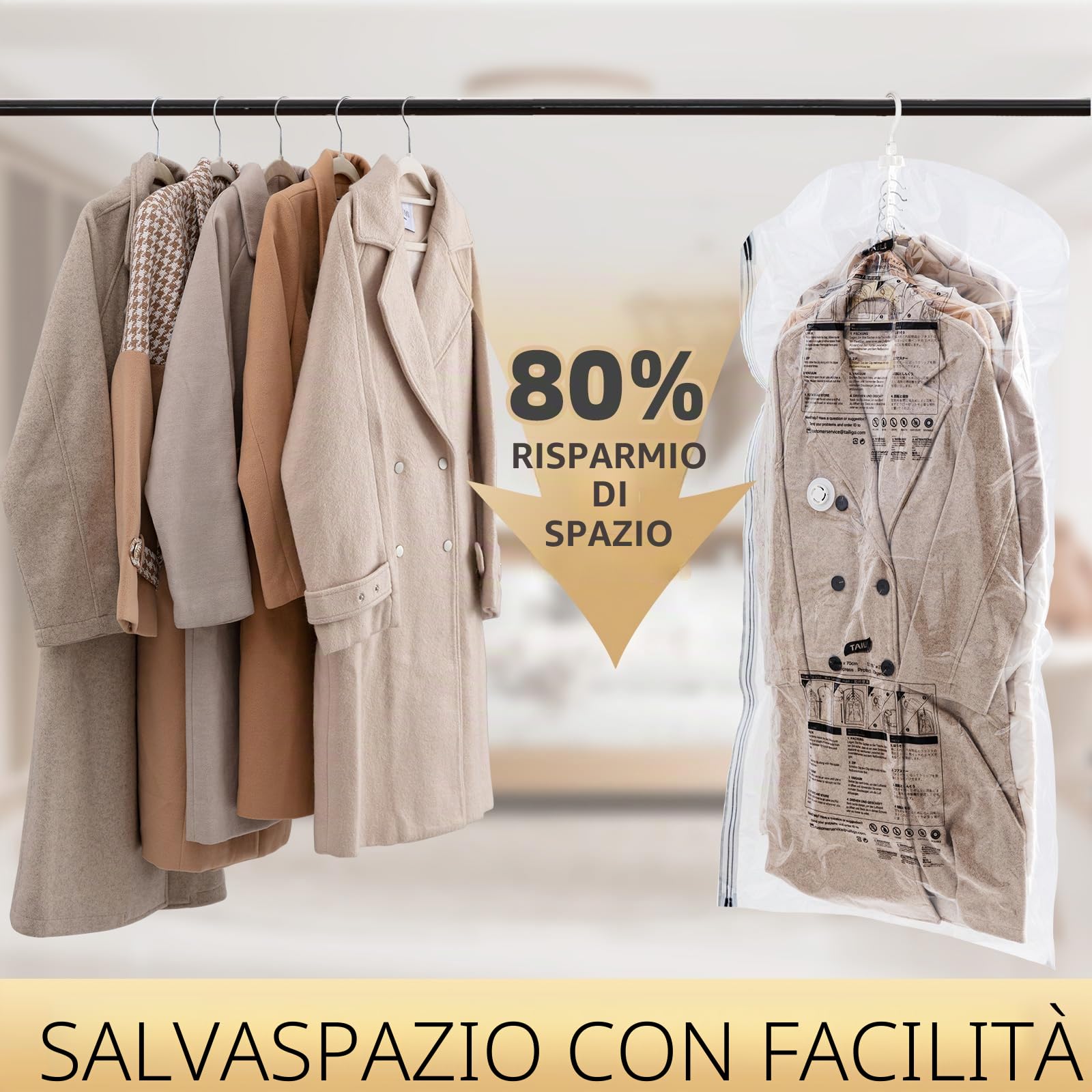 TAILI Sacchetti Sottovuoto Vestiti Appendere Buste Sottovuoto,6 Jumbo | Buste Sottovuoto Vestiti Sacchetti con Gancio per Abiti, Conservazione di Giacche - Sacchetti Sottovuoto Salvaspazio Viaggi