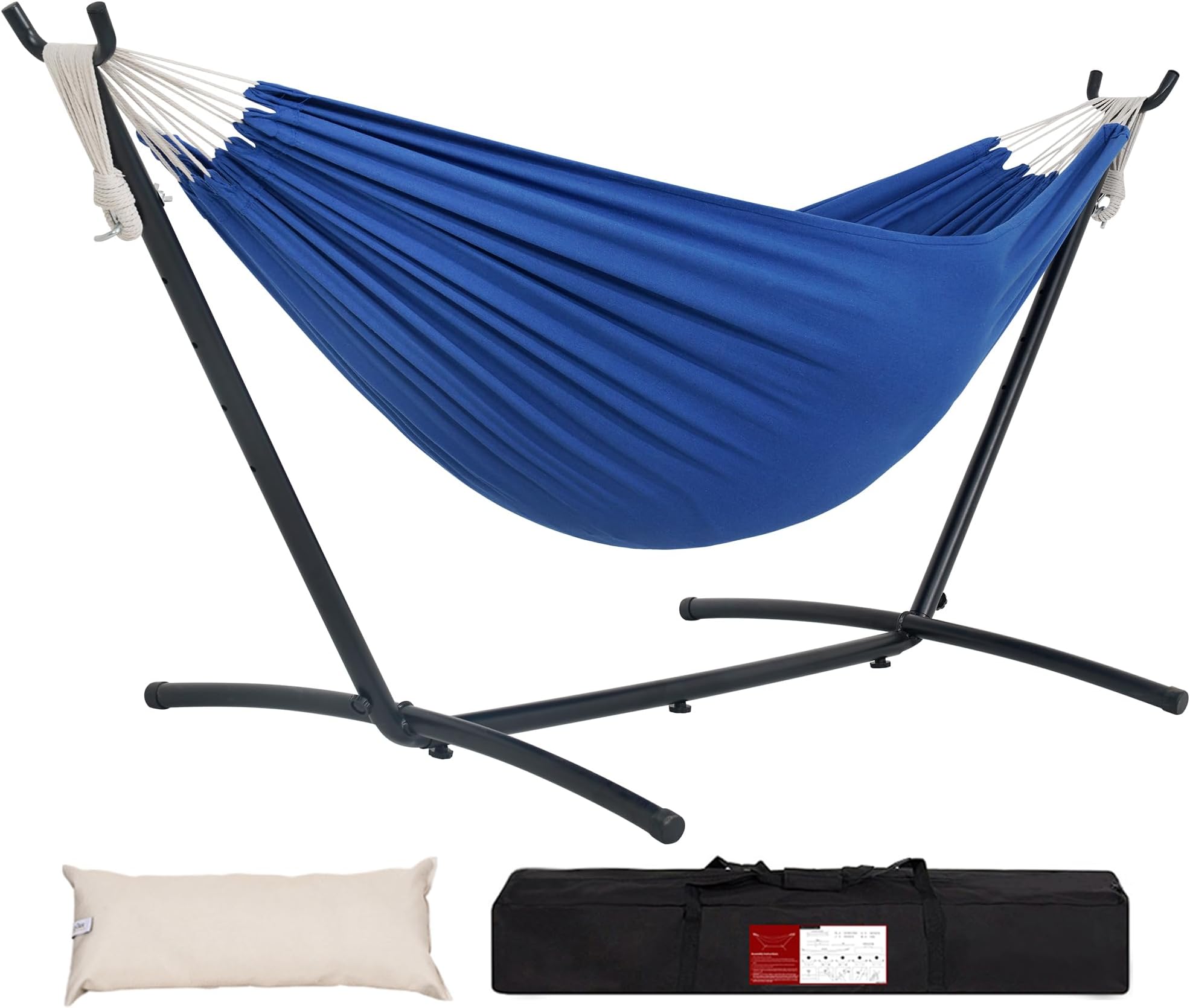 Double Hammock with 9ft Space-Saving Steel Stand Includes Portable Carrying Case, 450 Pounds Capacity (Dark Blue)