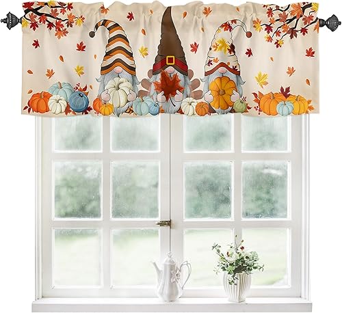 Cenefa de cortinas de calabaza de gnomos para dormitorio, hojas de arce amarillas, hongos, cortinas y cortinas de Acción de Gracias, bolsillo para