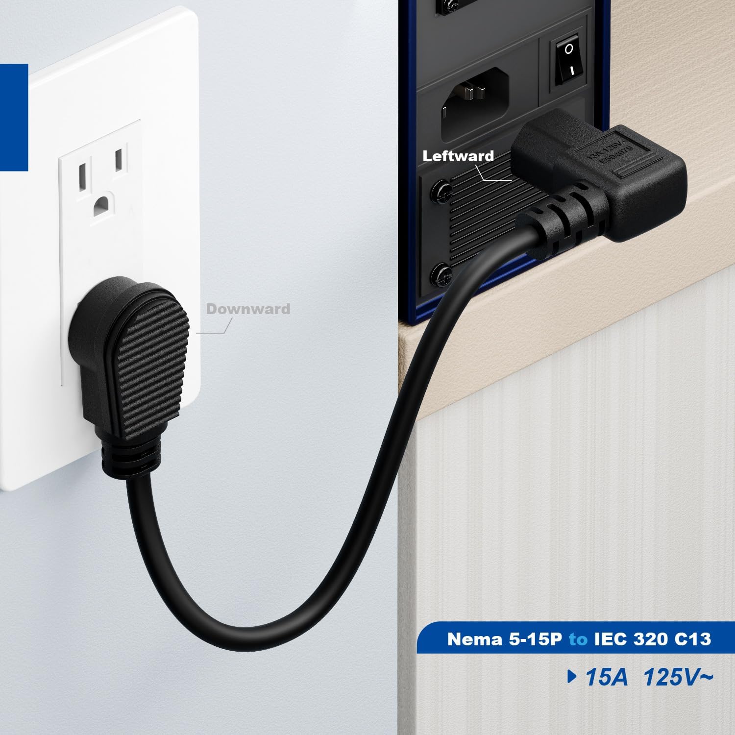 Short 1-Foot Nema Right Angle 5-15P to IEC 320 C13 Left Angled Power Cord, US 3-Prong Male to Left Angle IEC Female AC Power Cord