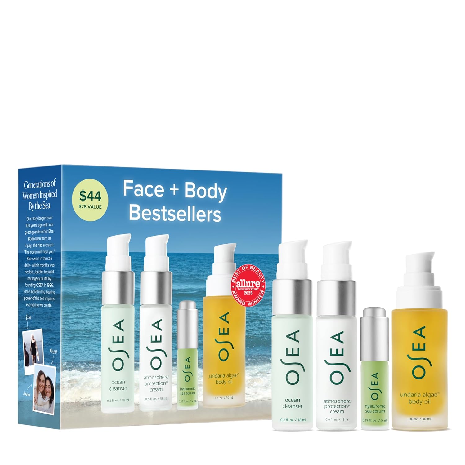 OSEA Bestsellers Set For Face + Body -4-piece Skin Care Set - Body Oil, Face Cleanser, Face Cream, & Hyaluronic Acid Serum - Clean Beauty Travel Set - Ideal for Beauty Gifts - Image 1 of 3