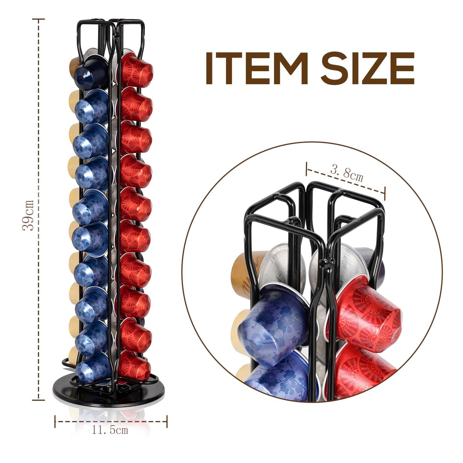 Porta Capsule Caffe per Nespresso, Porta Cialde Per Nespresso 40 Pezzi Caffè Capsule, Portacapsule Girevoli a 360 Gradi Acciaio Inossidabile, Ufficio, Cucina 11.5x11.5x39cm Nero