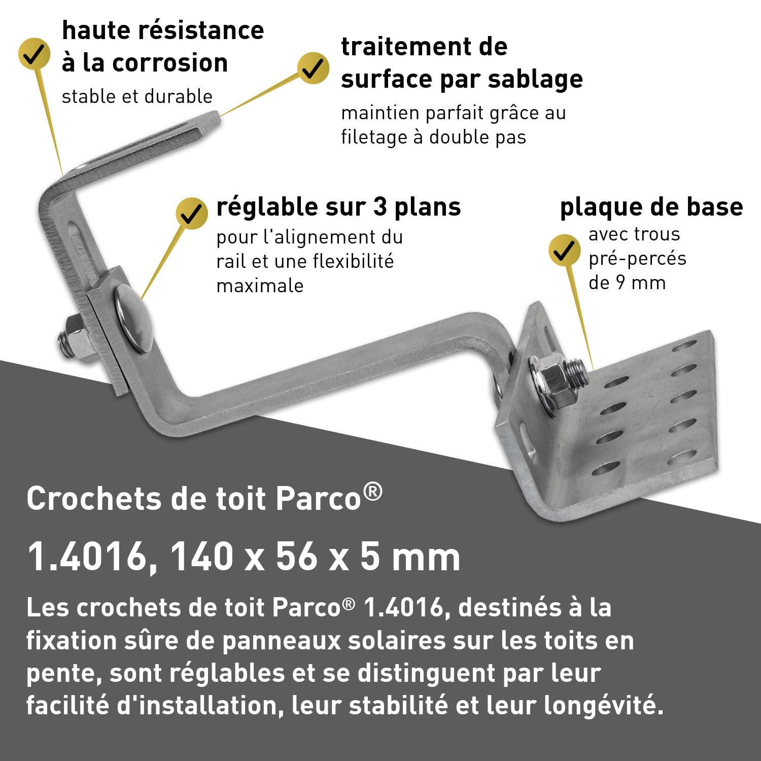 Support de panneau solaire - Crochet de toit photovoltaïque 3 fois réglable 140 x 56 x 5 mm en acier inoxydable 1.4016 pour support de module PV fixation de plaques solaires support de panneau solaire