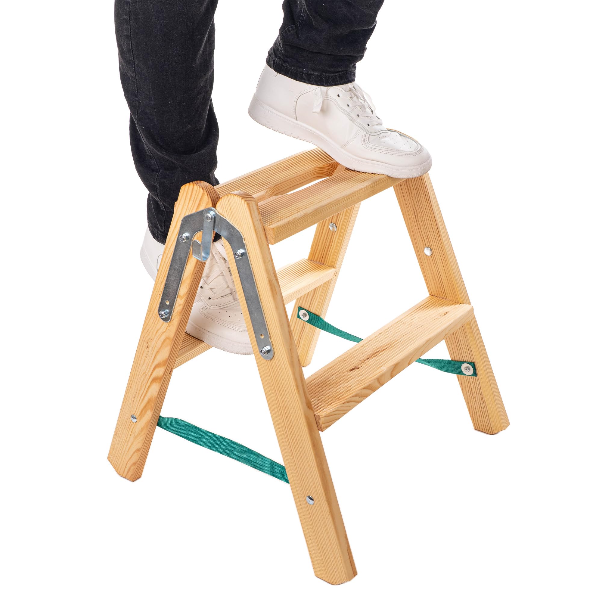 KADAX Opvouwbare houten ladder met 3 treden, trapladder voor huishouden en schilderwerk, stabiele staande ladder van hout