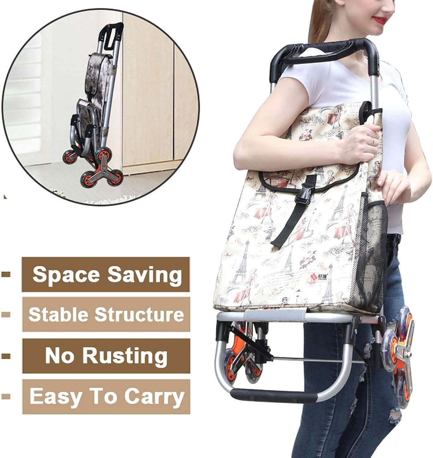 Carrito de la compra plegable resistente con 6 ruedas, carrito portátil con cordón elástico y diseño impermeable para un fácil transporte