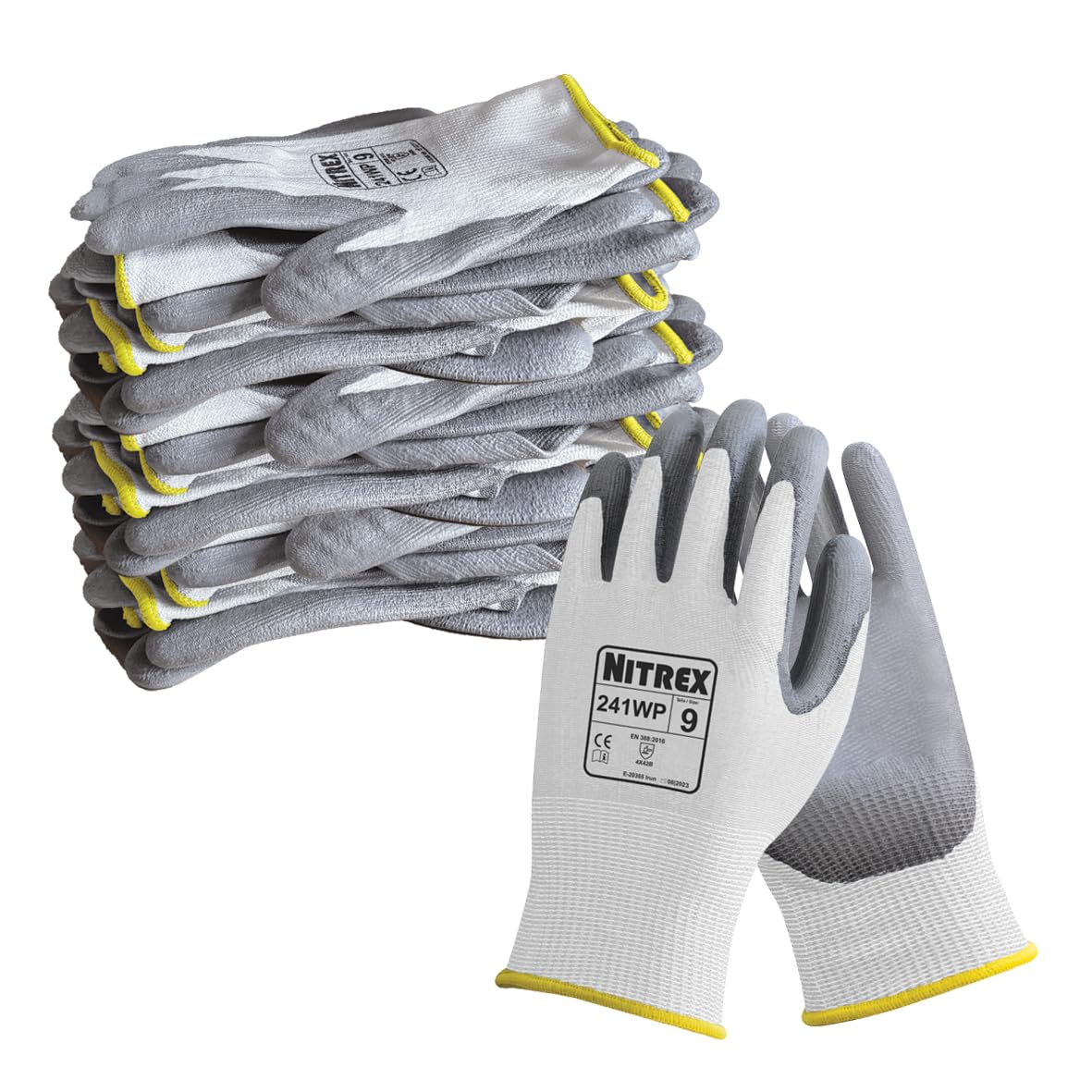 NITREX 241WP 241WP-06 Lot de 10 paires de gants de sécurité pour le travail, revêtement paume en polyuréthane, doublure sans couture de calibre 13, résistant aux coupures ISO niveau B, excellente