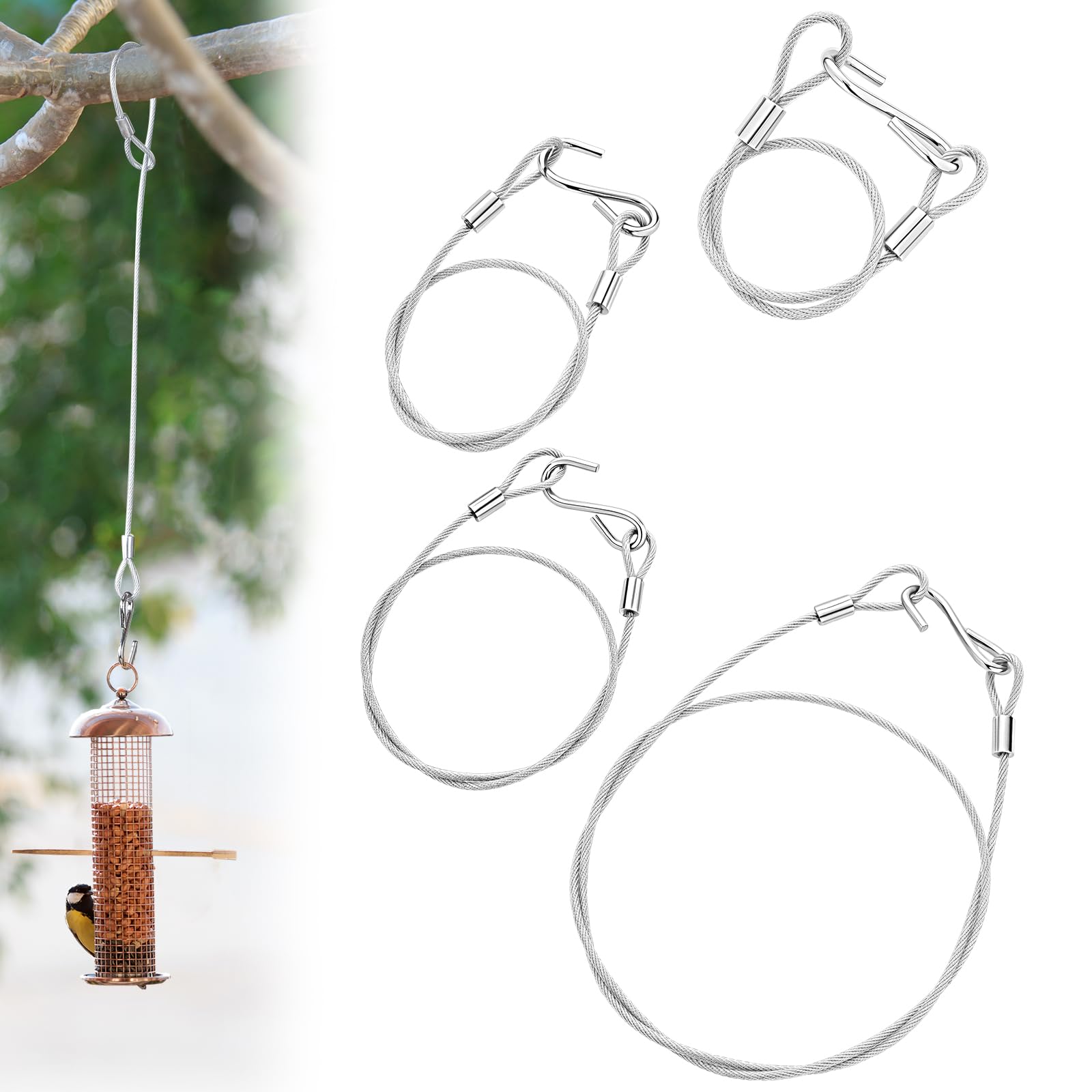 Kingdder 4 Pcs 12" 18" 24" 36" Hanging Cables with S Hook Hanging Cable Tree Limb Protector PVC Coated Flexible Tree Branch Hanger Protector for Bird Feeders and Baths, Planters and Decorations