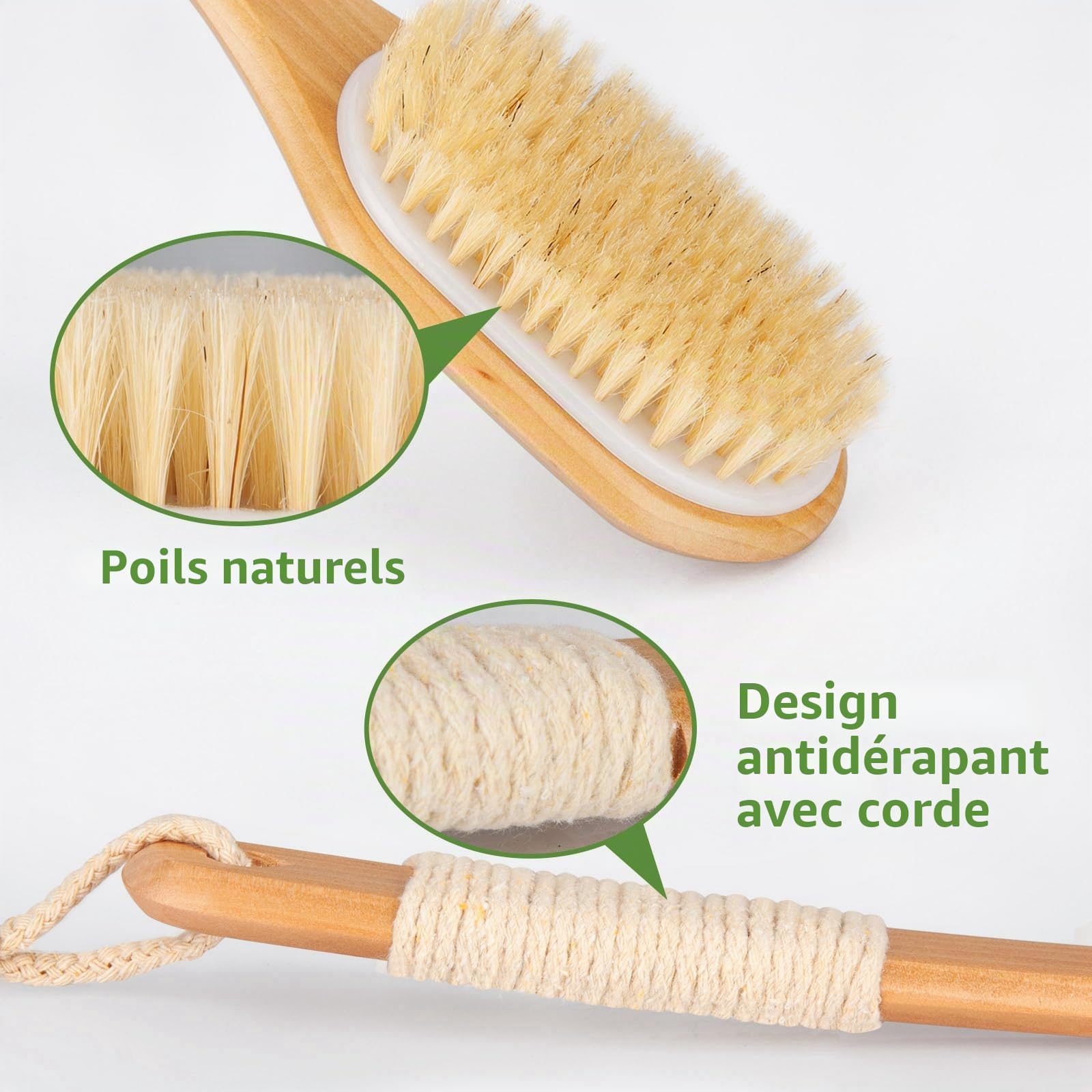 Brosse dos Douche, 44,5CM Brosse Exfoliante Corps en Bois, Poils Naturels Brosse Corps Longue Manche pour éliminer les Peaux Mortes et la Cellulite