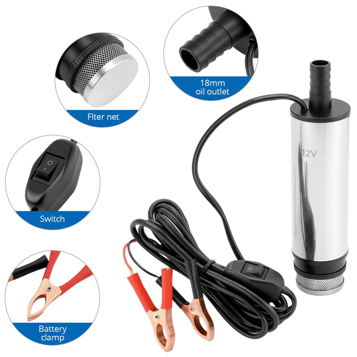 QWORK® 12 V 51 MM, pompa wody z klipsem, stal nierdzewna, przewód zasilający 3 m + wąż 4 m, do oleju napędowego, nafty, wody