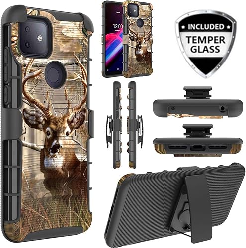 Para T-Mobile Revvl 4 Plus Revvl 4+ Funda a prueba de golpes con soporte de vidrio templado y clip para cinturón, funda protectora híbrida de cuerpo