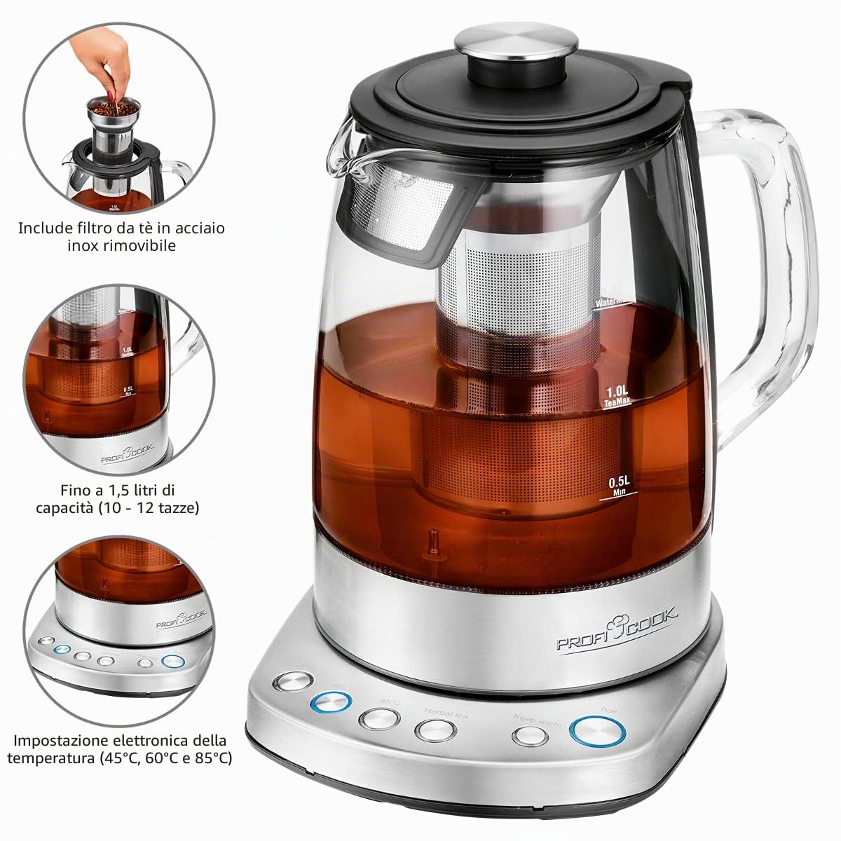 ProfiCook PC-WKS 1167 G, bollitore 2 in 1 con controllo WiFi, app gratuita, regolazione della temperatura programmabile, struttura in vetro/acciaio inox, 1,5 litri