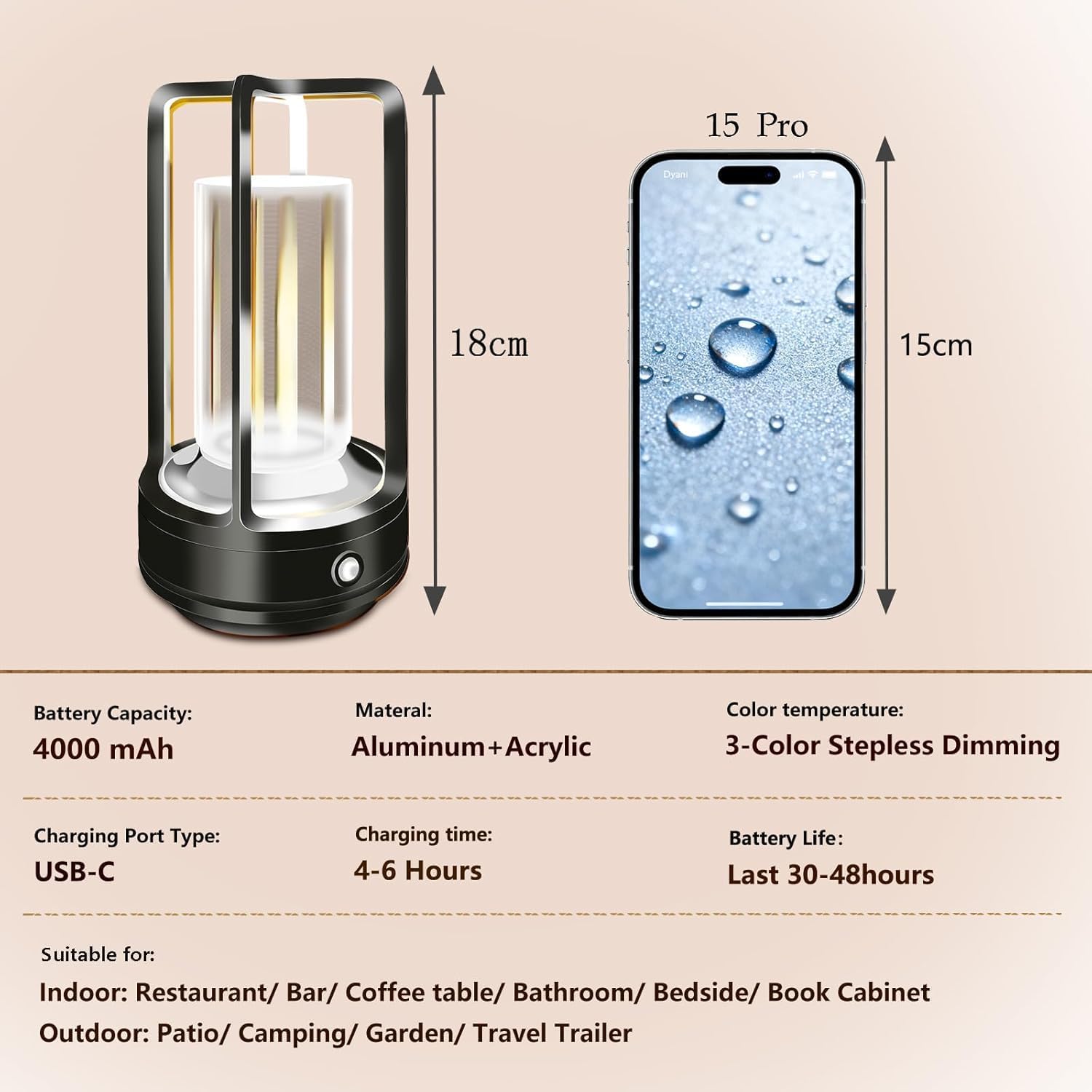 Portable Metal Table Lamp, 4000 mAh Rechargeable Outdoor Table Lamp, 3 Color Stepless Dimmable Cordless Table Lamps for Patio, Camping, Coffee Table Decor for Indoor/Outdoor (Black Set of 2)