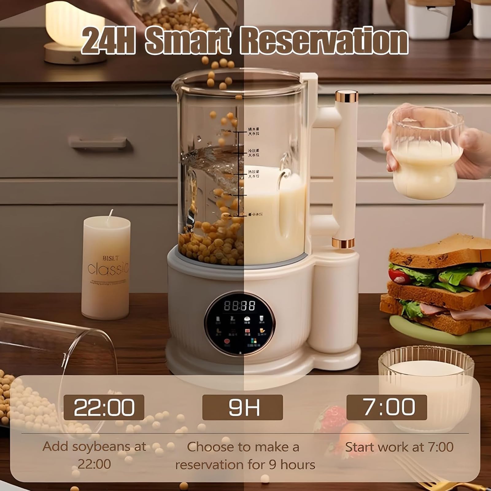 Ekspres do mleka orzechowego o pojemności 1500 ml, automatyczny ekspres do mleka sojowego z dźwiękoszczelną osłoną, funkcja opóźnionego rozpoczęcia gotowania, funkcja utrzymywania ciepła, do produktów
