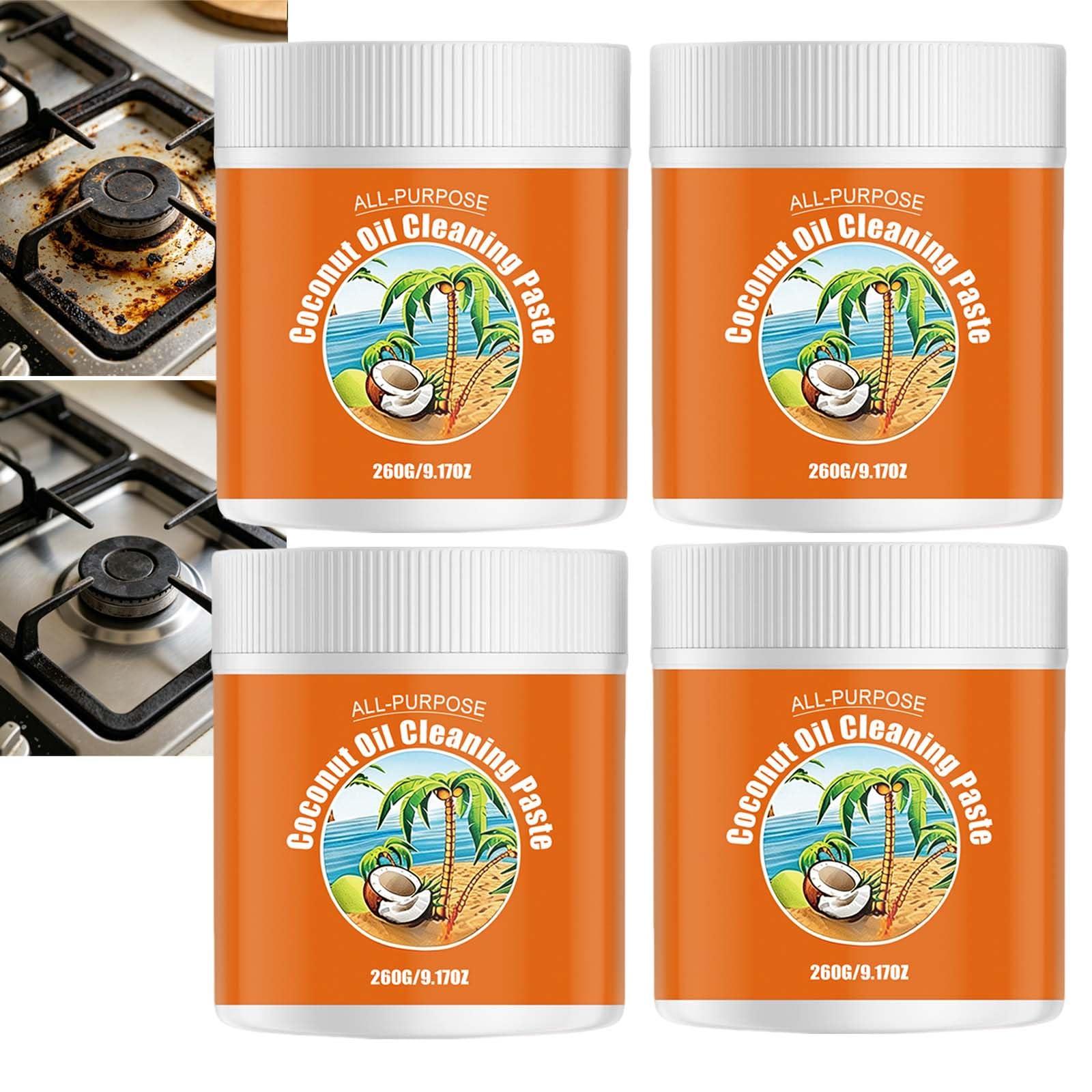 Pasta pulidora multiusos de aceite de coco, potente removedor de manchas negras, limpiador multiusos para superficies de cocina de acero inoxidable, limpiador de aceite pesado de cocina (4 unidades)