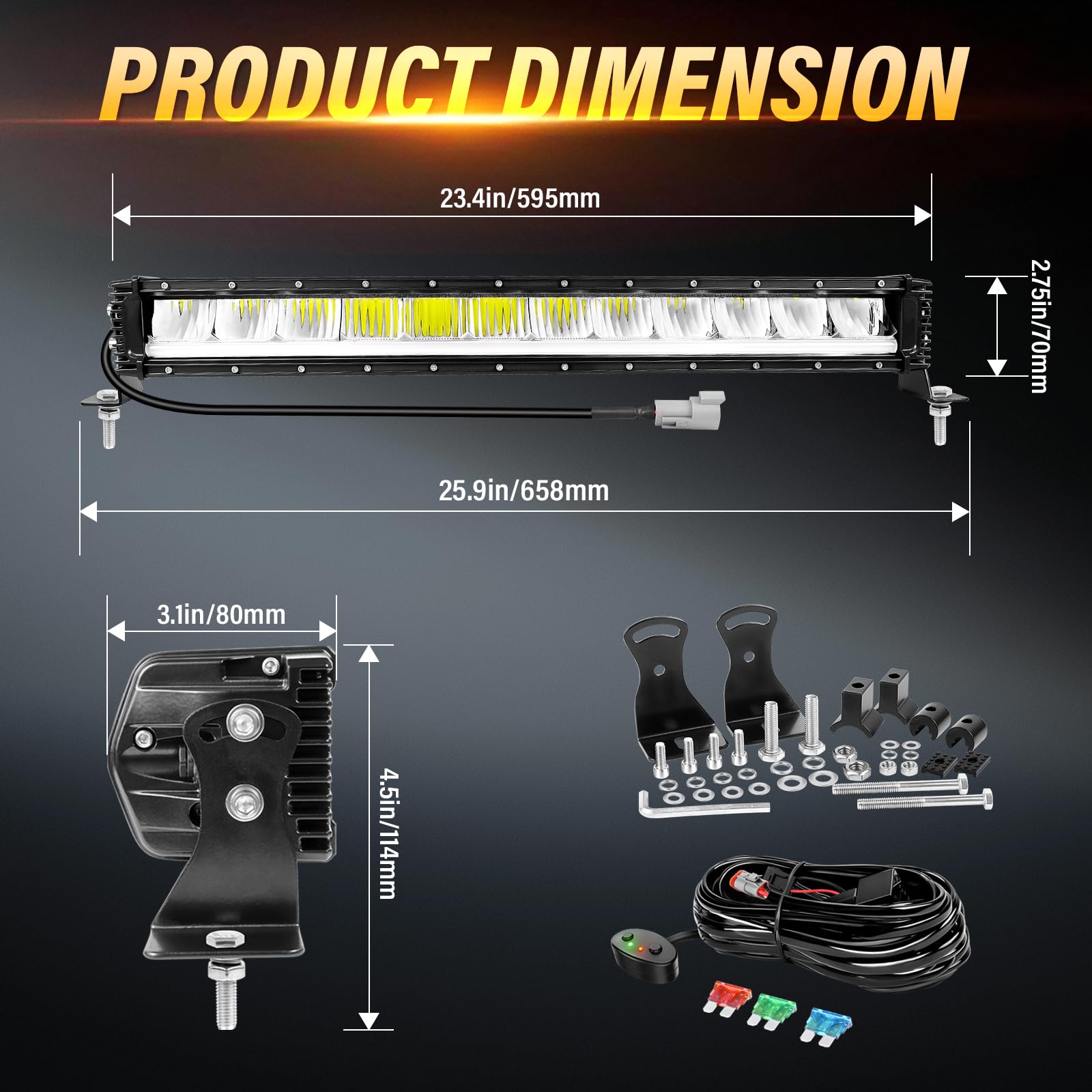 RIGIDON 23 Pollici 60cm 80W 8000LM Singola Fila Barra Led Fuoristrada Con 12V Cablaggio Kit, Ambra DRL Luce Led, Luci di Lavoro Per Auto Camion UTE ATV Barca 4x4 Veicoli Offroad, Impermeabile Bianca