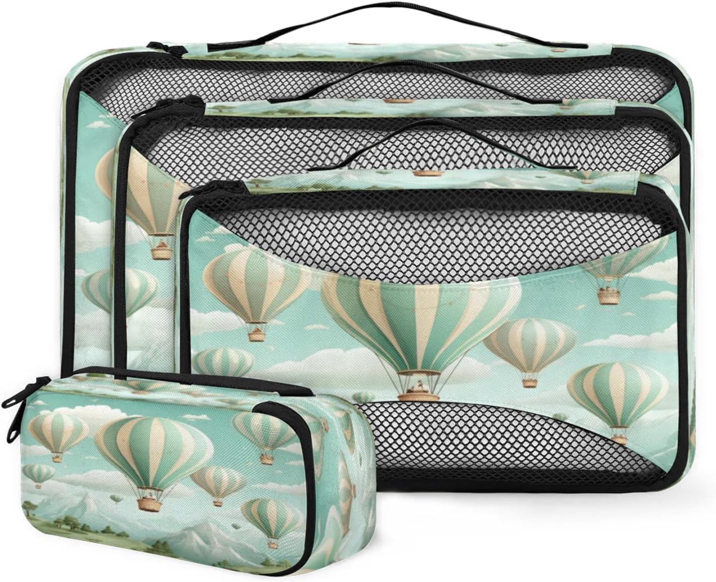 4 Set Packing Cubes for Suitcases, Large Hot Air Balloons Travel Luggage Packing Organizers for Women Men, Custom Toiletries Bag for Cosmetics Toiletries, Watercolor Hot Air Balloons