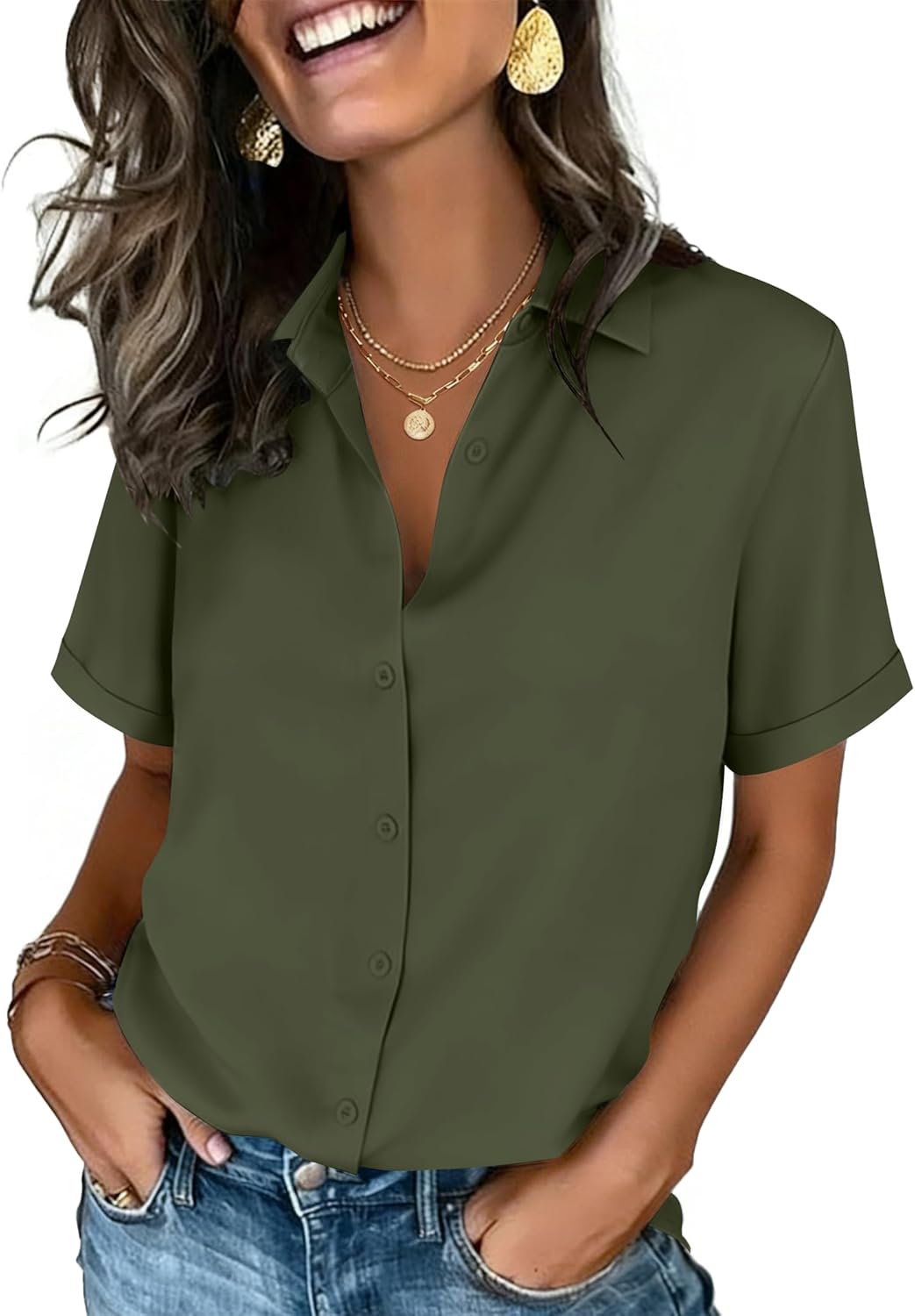 Zeagoo Button Down Shirts for Women Short Sleeve Collared Tops Dressy Casual V Neck Blouses