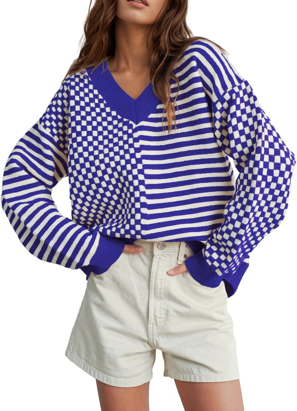 UNCLECAT Women's Striped Checkered Sweater 2025 V Neck Fall Sweaters Casual Knit Trendy Pullover Tops