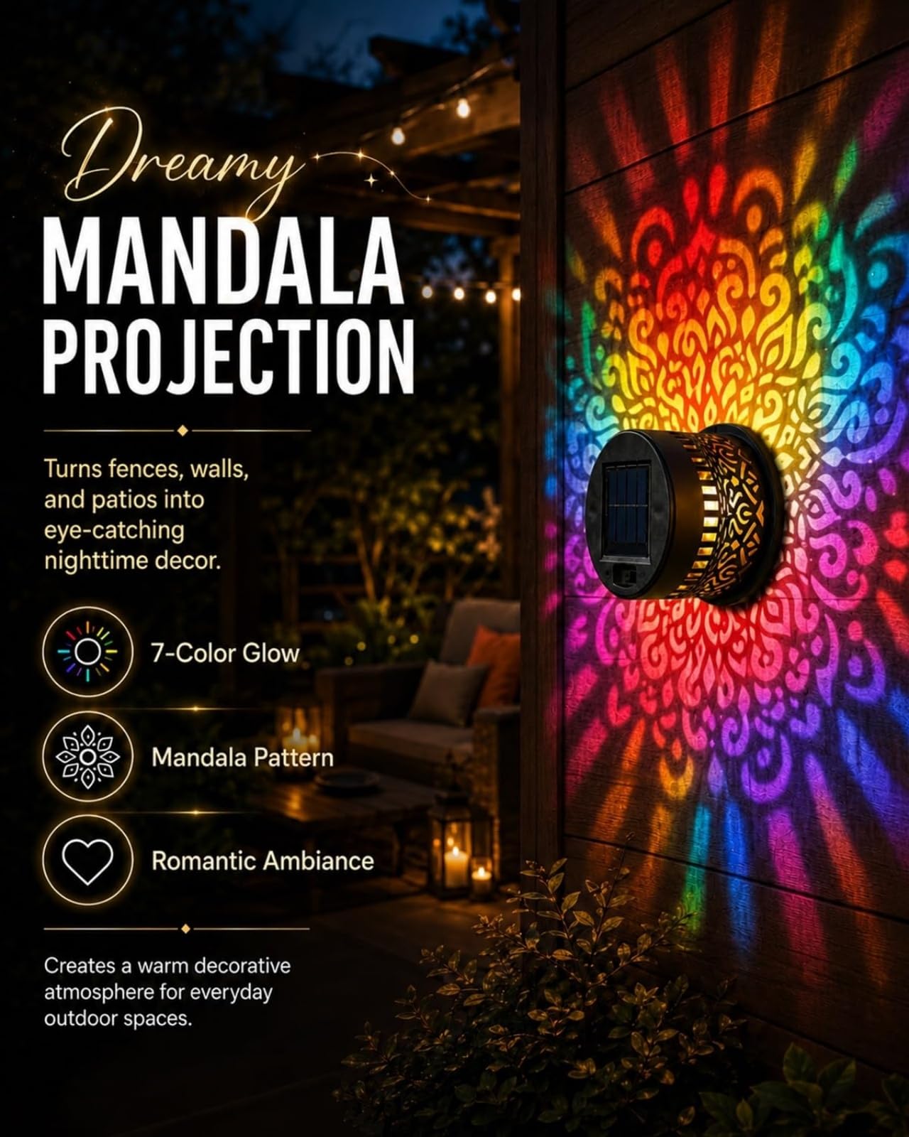 Decorative RGB Solar Mandala Lights, Luces Solares para Jardín y Valla, Resistentes al Agua, Ideales para Exteriores, Jardines, Patios, Macetas y Vallas (4PCS)