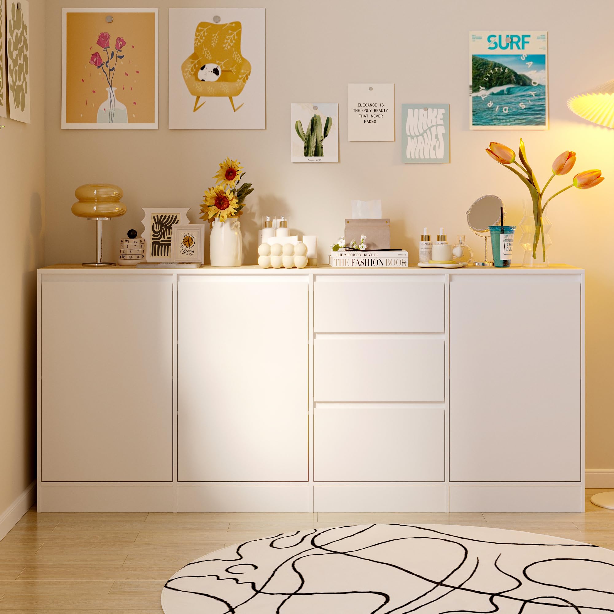 Credenza a 3 ante a 3 cassetti, credenza con piastra originale color legno, soggiorno, cucina, corridoio, 80 x 180 x 35 cm, MDF