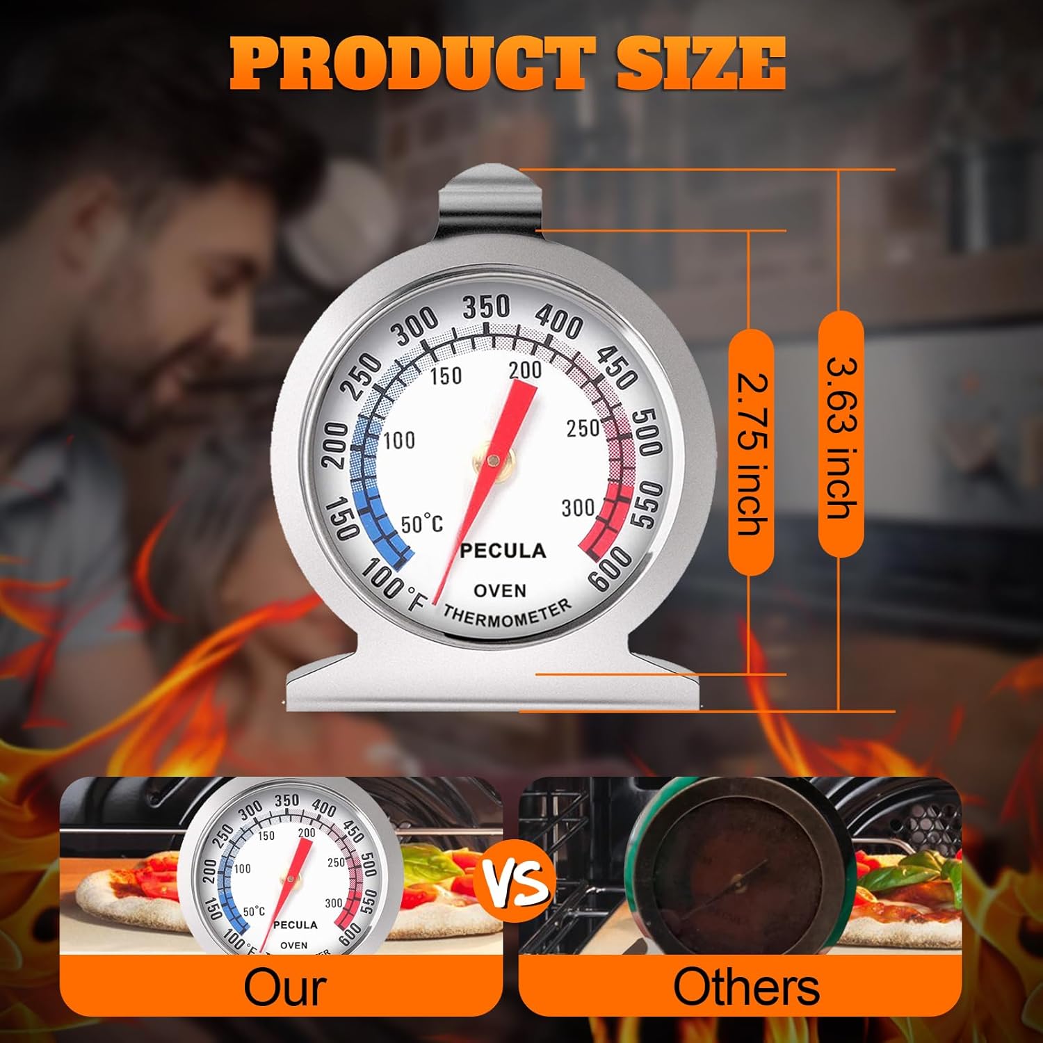 Stainless Steel Oven Thermometer 50-300°C/100-600°F, Analog Instant Read, Battery-Free Kitchen Cooking Thermometer, Hook & Stand Design Food Thermometer for Oven, Grill, Smoker, Fryer