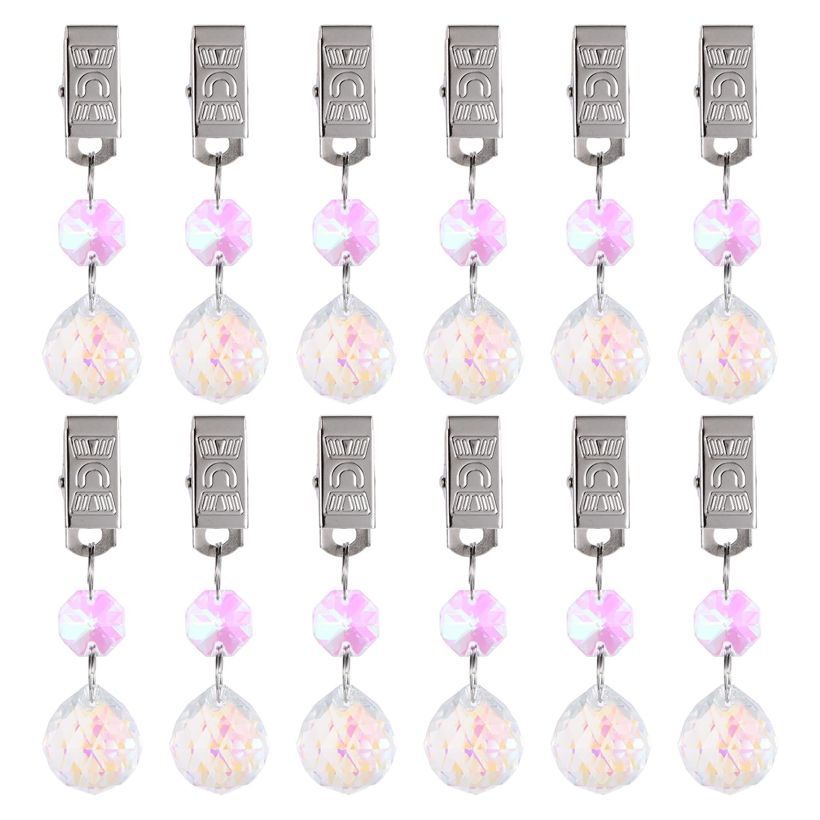 M METERXITY 12-Pack Tablecloth Weights, 3.15 Inch Crystal Table Cover Weights with Metal Clips for Decoration/Outdoor Picnic/Family Dinner Party, Prisms Table Cloth Hangers [Multicolor]