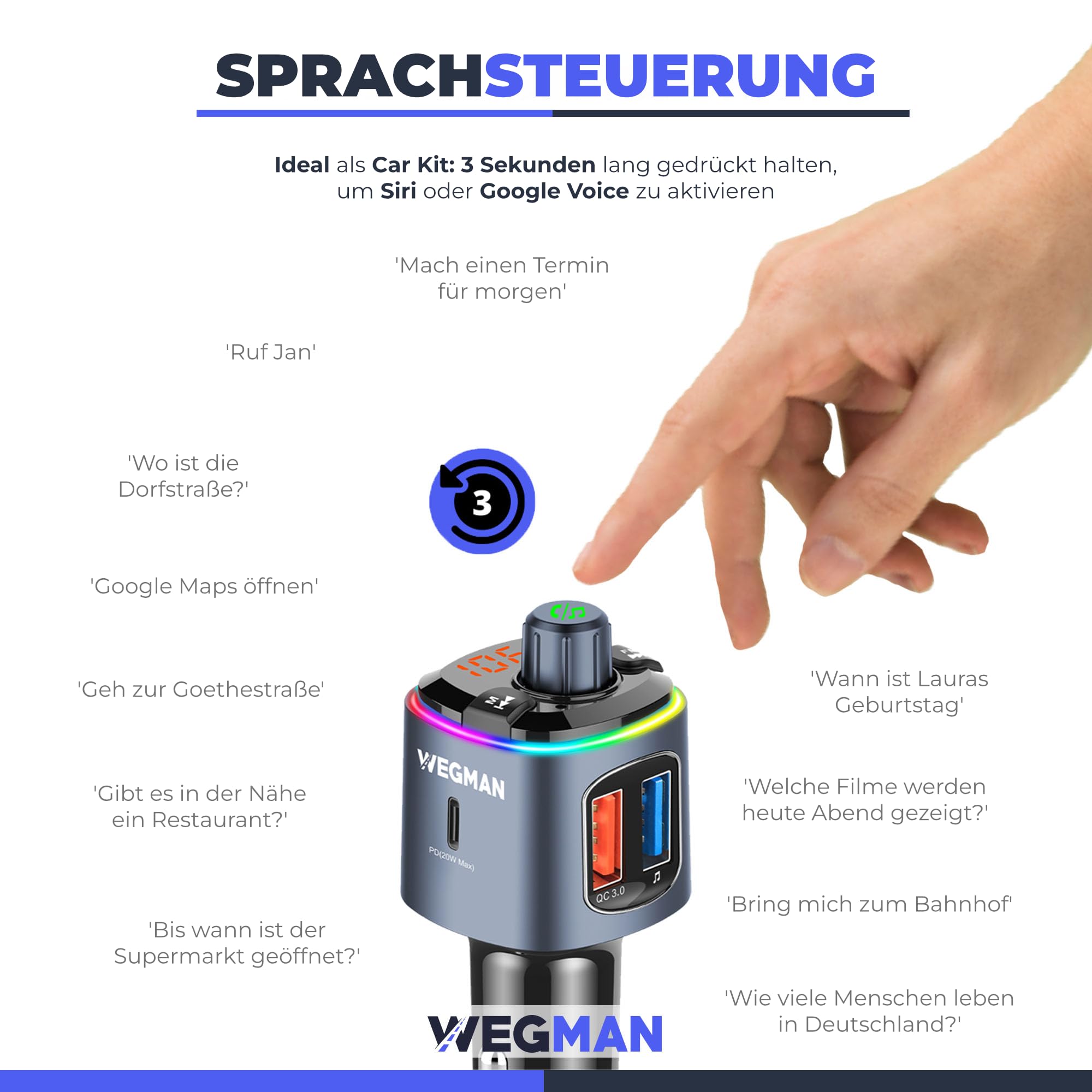 Wegman FM Transmitter Auto Bluetooth, Adapter für Autoradio, Zigarettenanzünder USB C 30W Autoladegerät, Freisprechanlage, Musik über Bluetooth & USB Stick