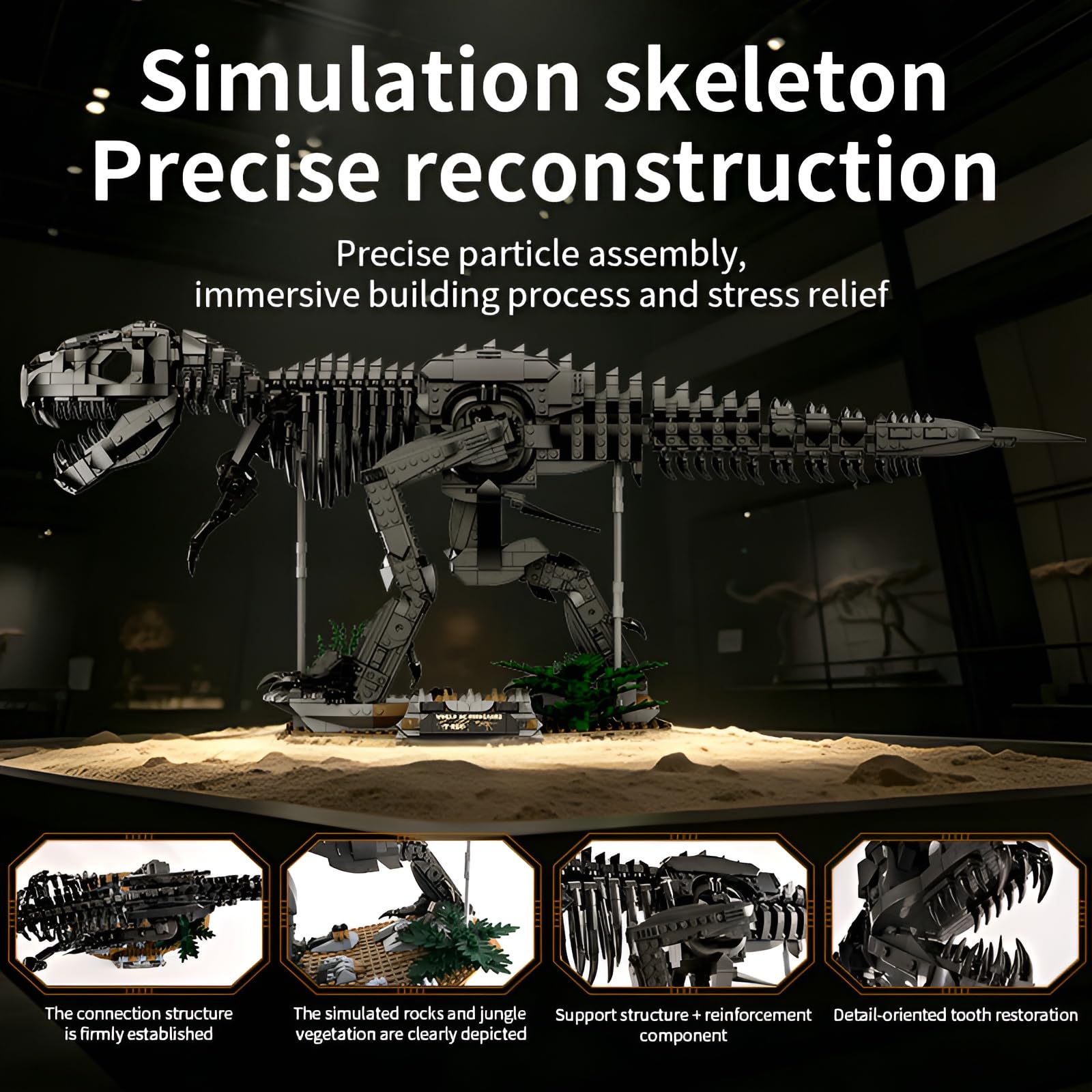 Dunkler Tyrannosaurus-Rex-Skelett-Klemmbausteinset, 1876 Teile | Dinosaurier-Fossilien-Bausatz, T-Rex-Modell für Erwachsene, STEM-Lernspielzeug, kreatives Geschenk für Männer Frauen