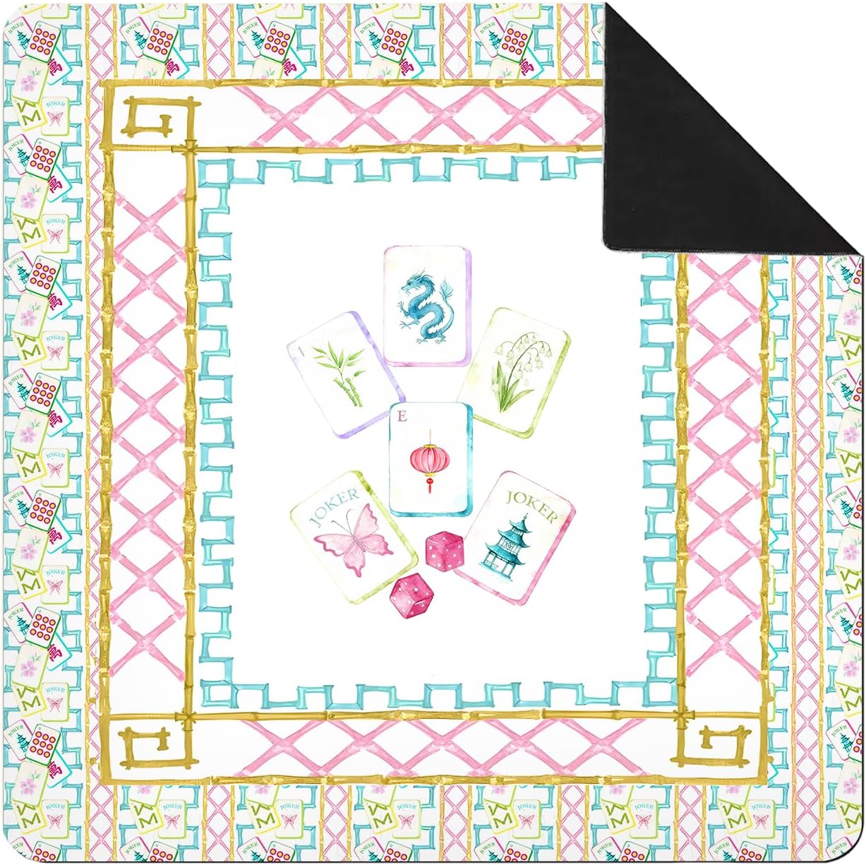 Chinoiserie Cocktail Mahjong Mat for Table 31.5 x 31.5 in, Pink and Blue Non-Slip Noise Reduction Mahjong Table Cover Tablecloth for Card Poker Dominoes Dice and Board Games