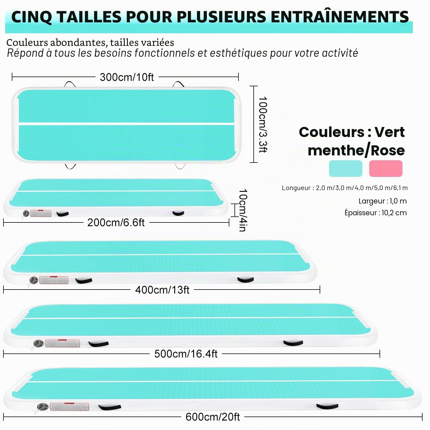 Tapis de Gymnastique Air Tumble Track, Tapis de Gymnastique Gonflable pour Tumbling 6,6ft 10ft 13ft 16ft 20ft/10cm Air Tumble Track, Pour Usage Familial/Yoga/Eau/Danse – 5m, Vert