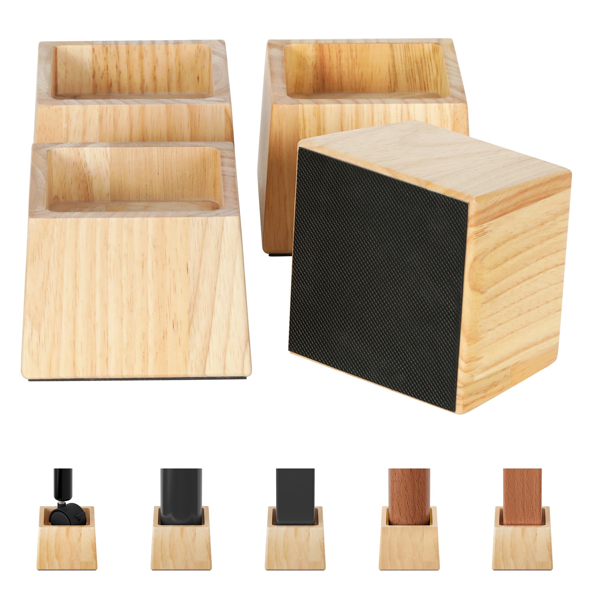 TQVAI Wood Bed Risers 3 Inch (Inner 2" H), Furniture Risers Supports up to 2200 lbs Heavy Duty for Sofa Desk Couch Table, 4 Pack Table Legs Support with Non-Slip Rubber Pad, Original